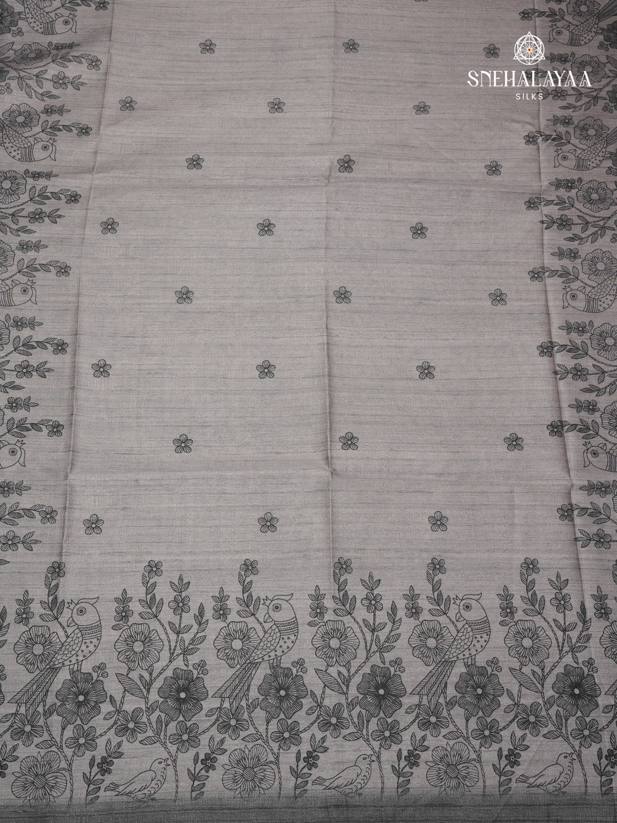 Grey Floral Printed Tussar Saree