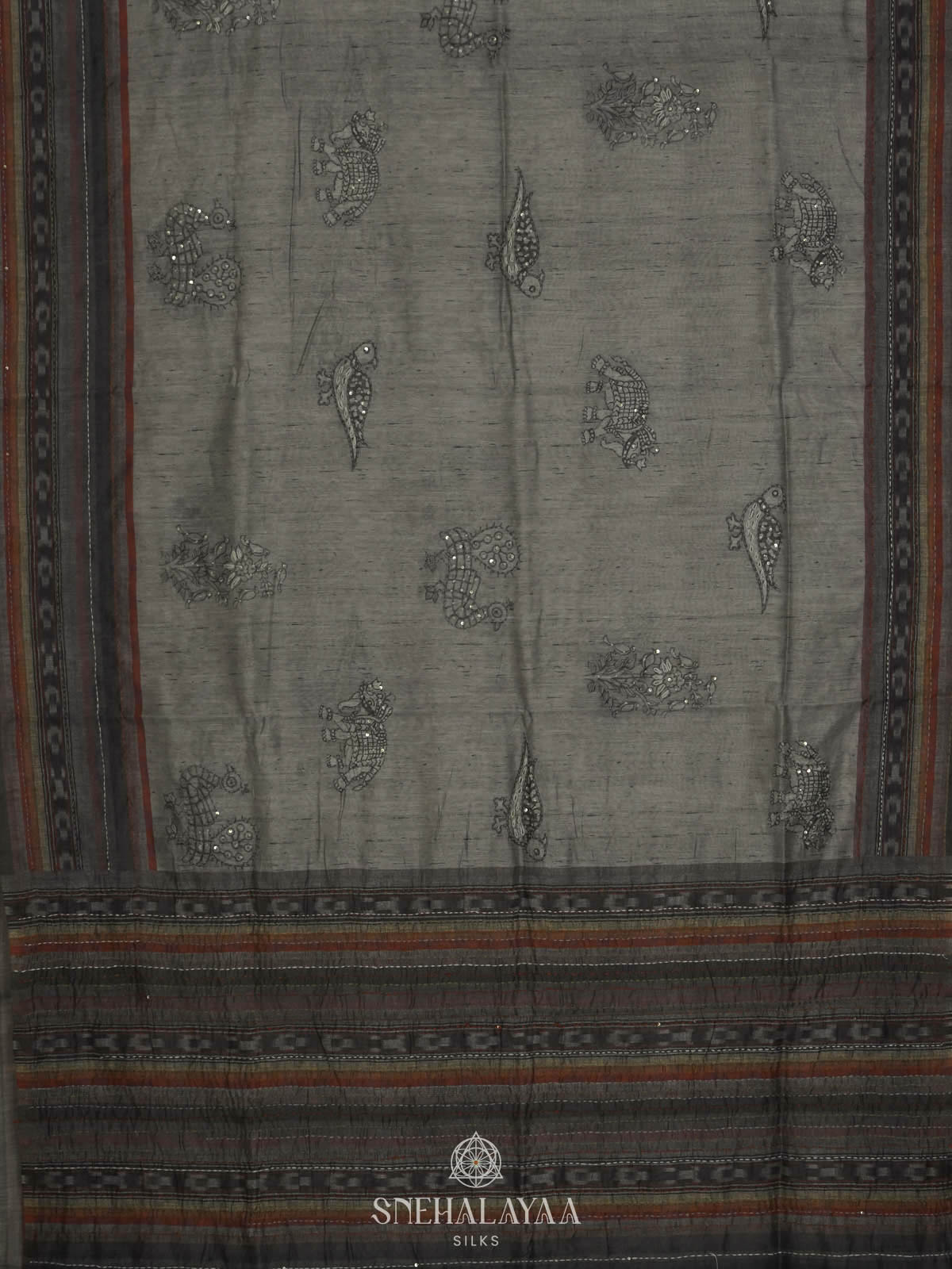 Grey Linen Embroidery Saree