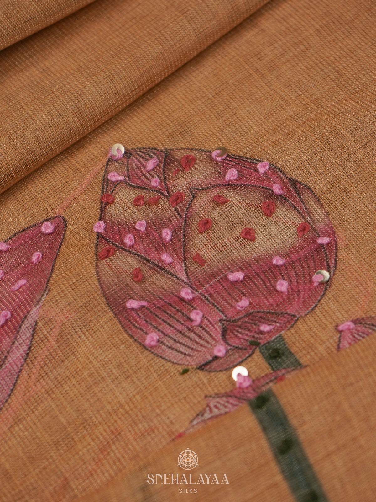 Orange Linen Embroidery Saree