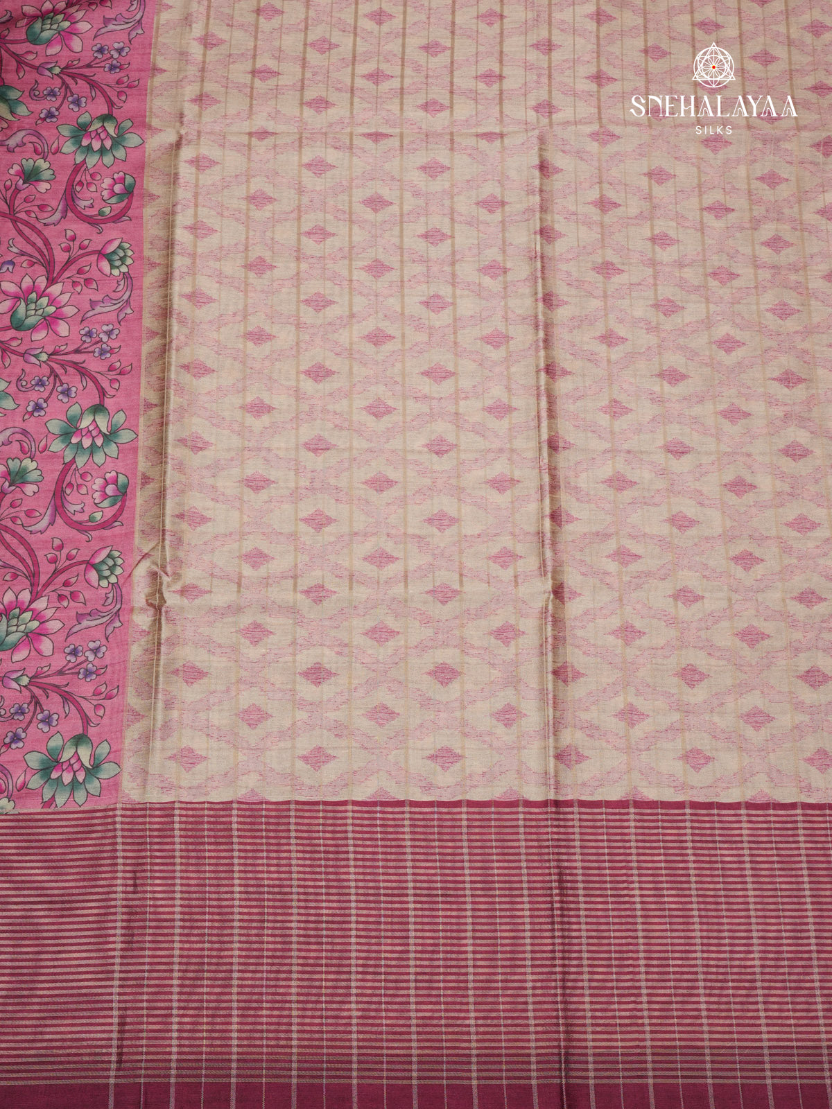 Beige Floral Printed Tussar Saree