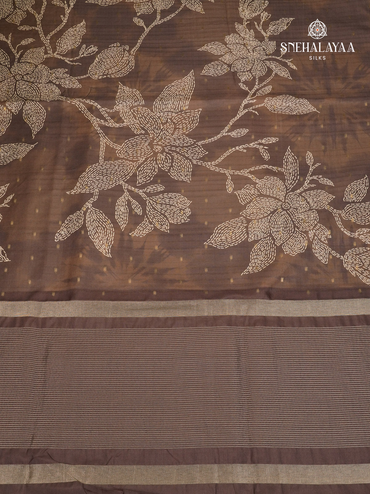Brown Floral Printed Tussar Saree