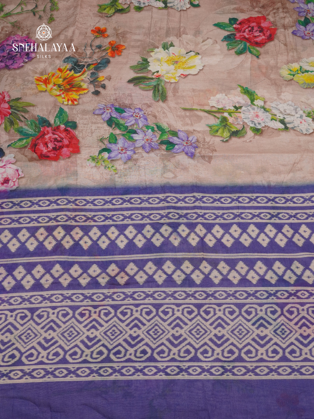 Brown Printed Linen Cotton Saree