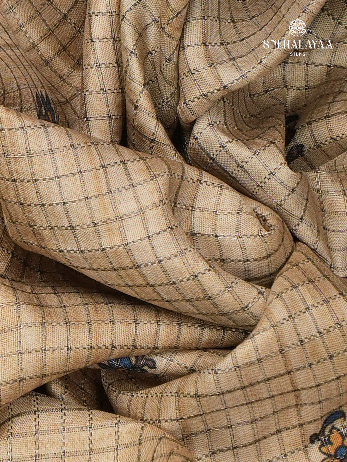 Beige Floral Printed Tussar Saree