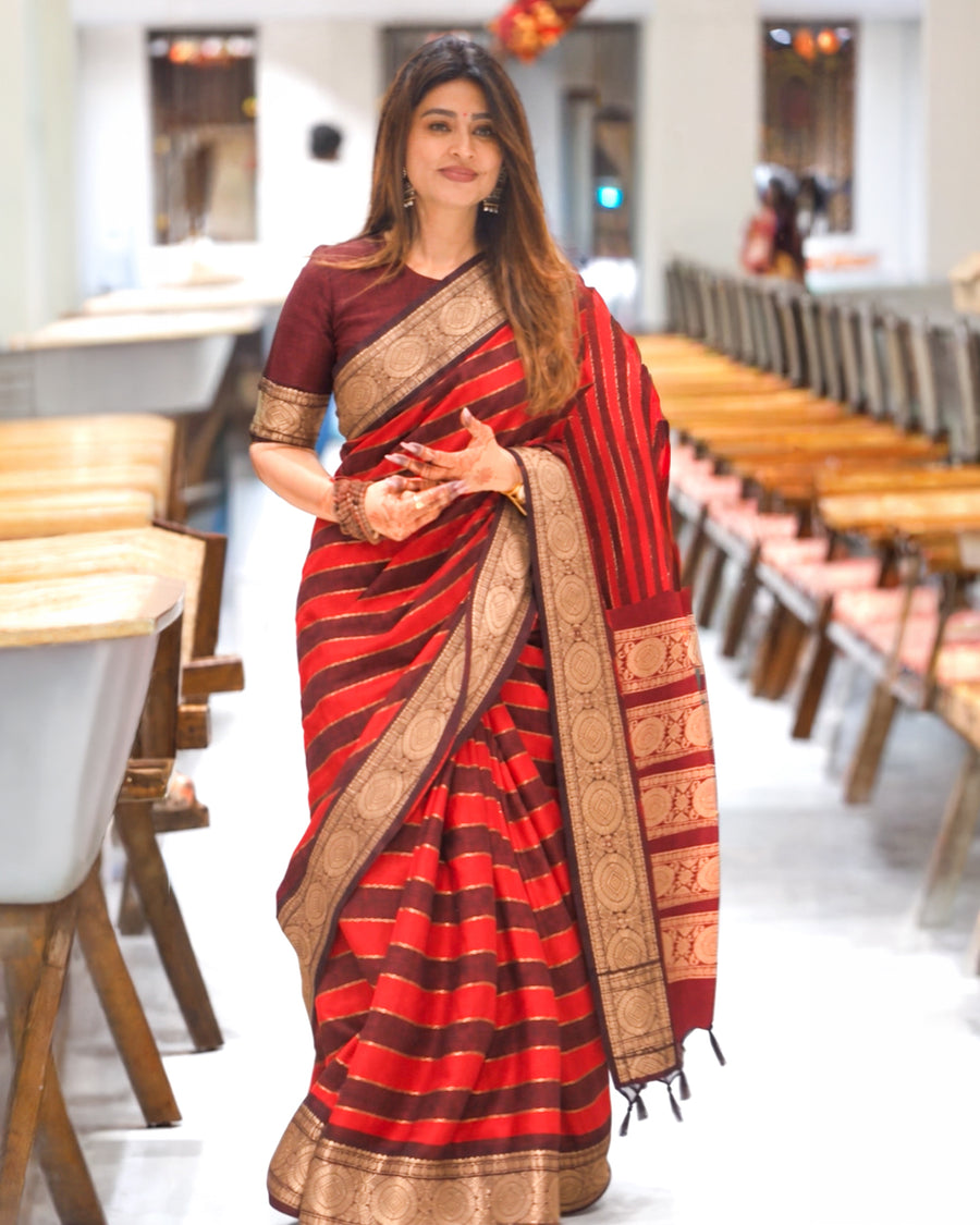 Red and Maroon Striped Silk Cotton Saree