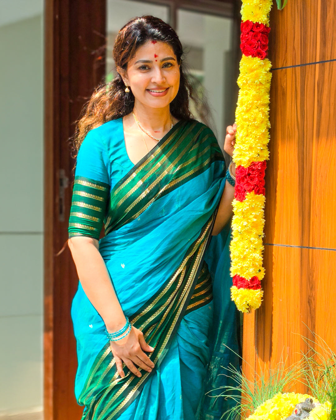 Peacock Blue Silk Cotton Saree with Green Zari Border