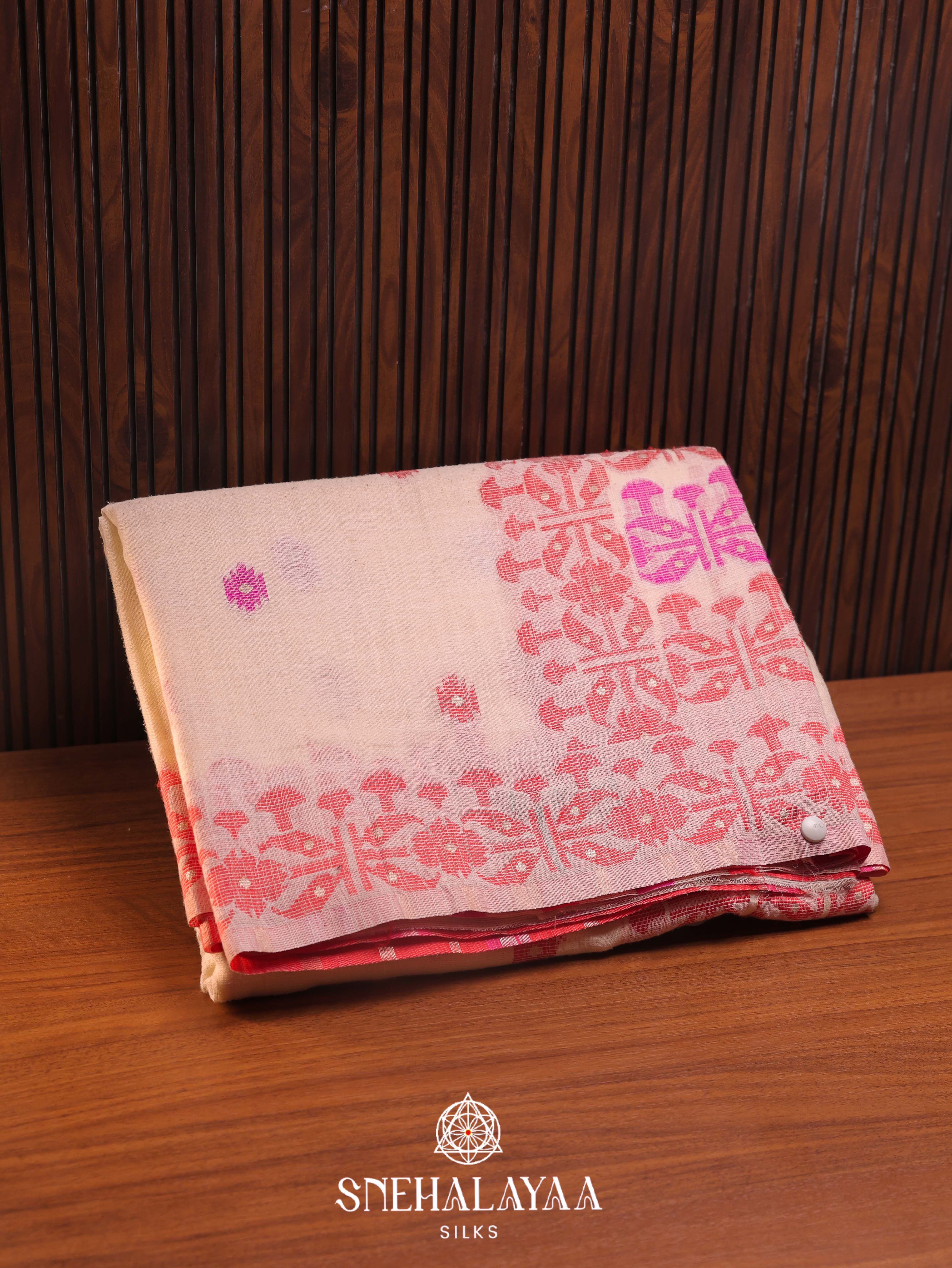 Peach Cream Linen Cotton Saree