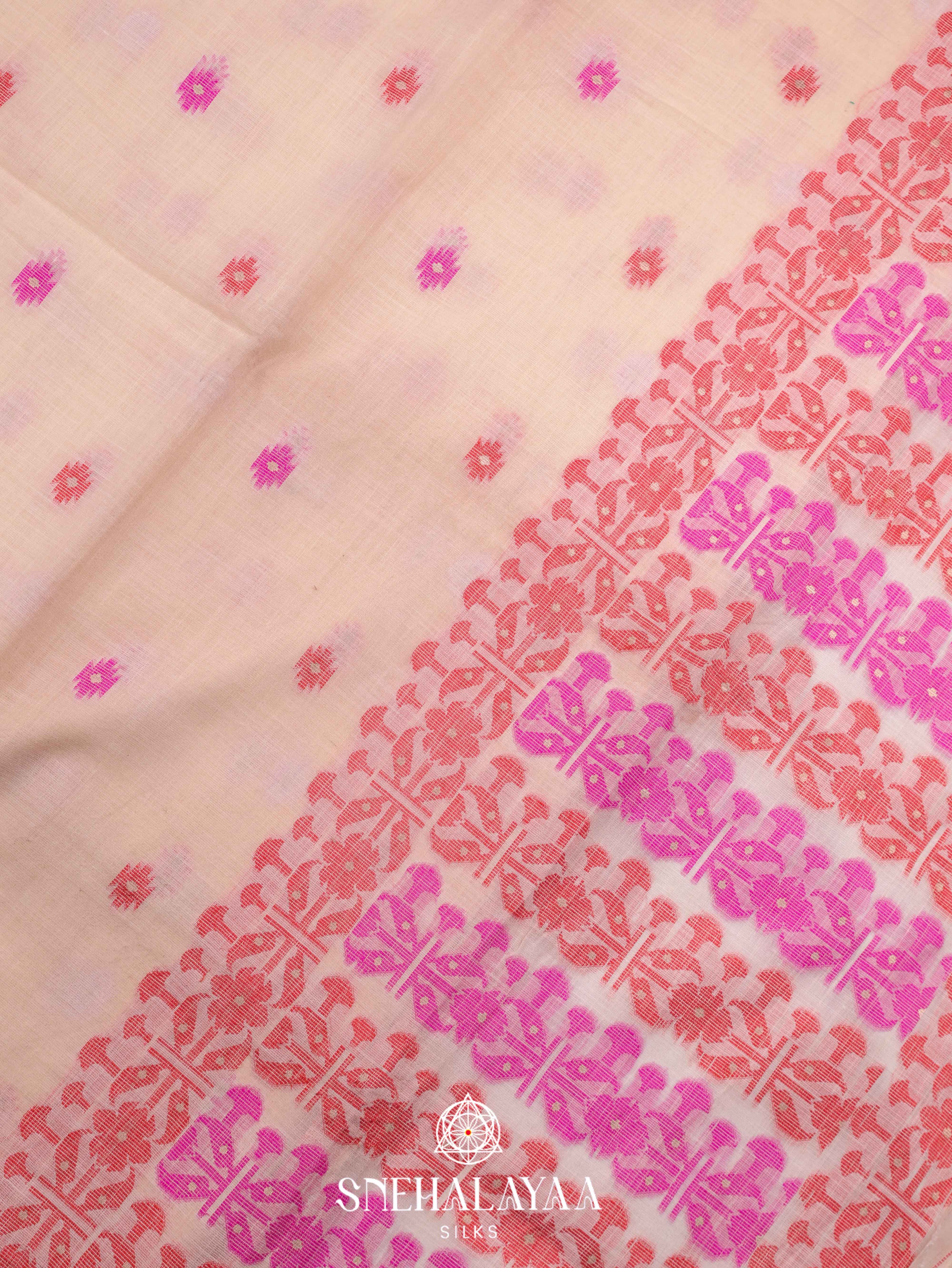 Peach Cream Linen Cotton Saree