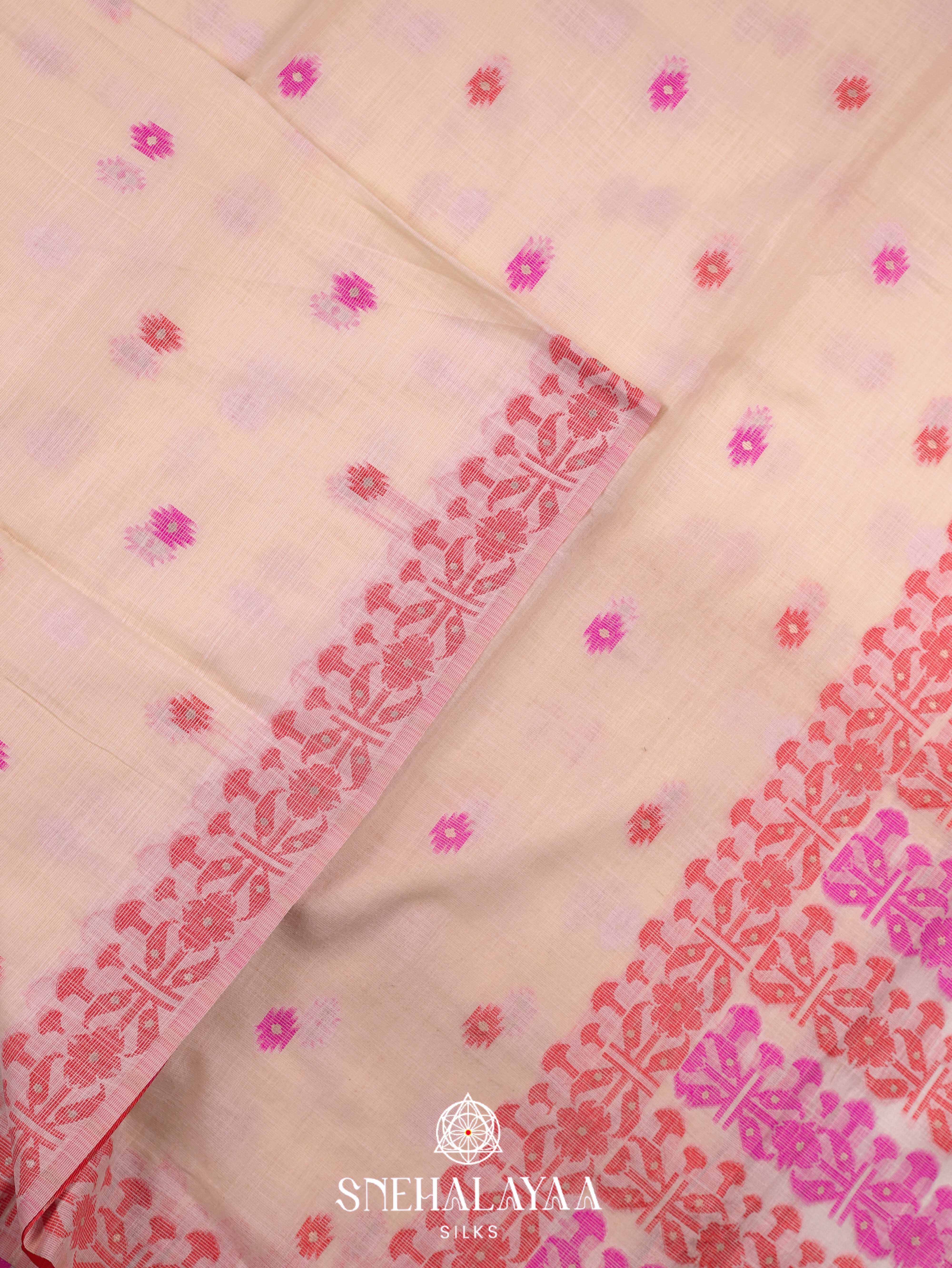 Peach Cream Linen Cotton Saree