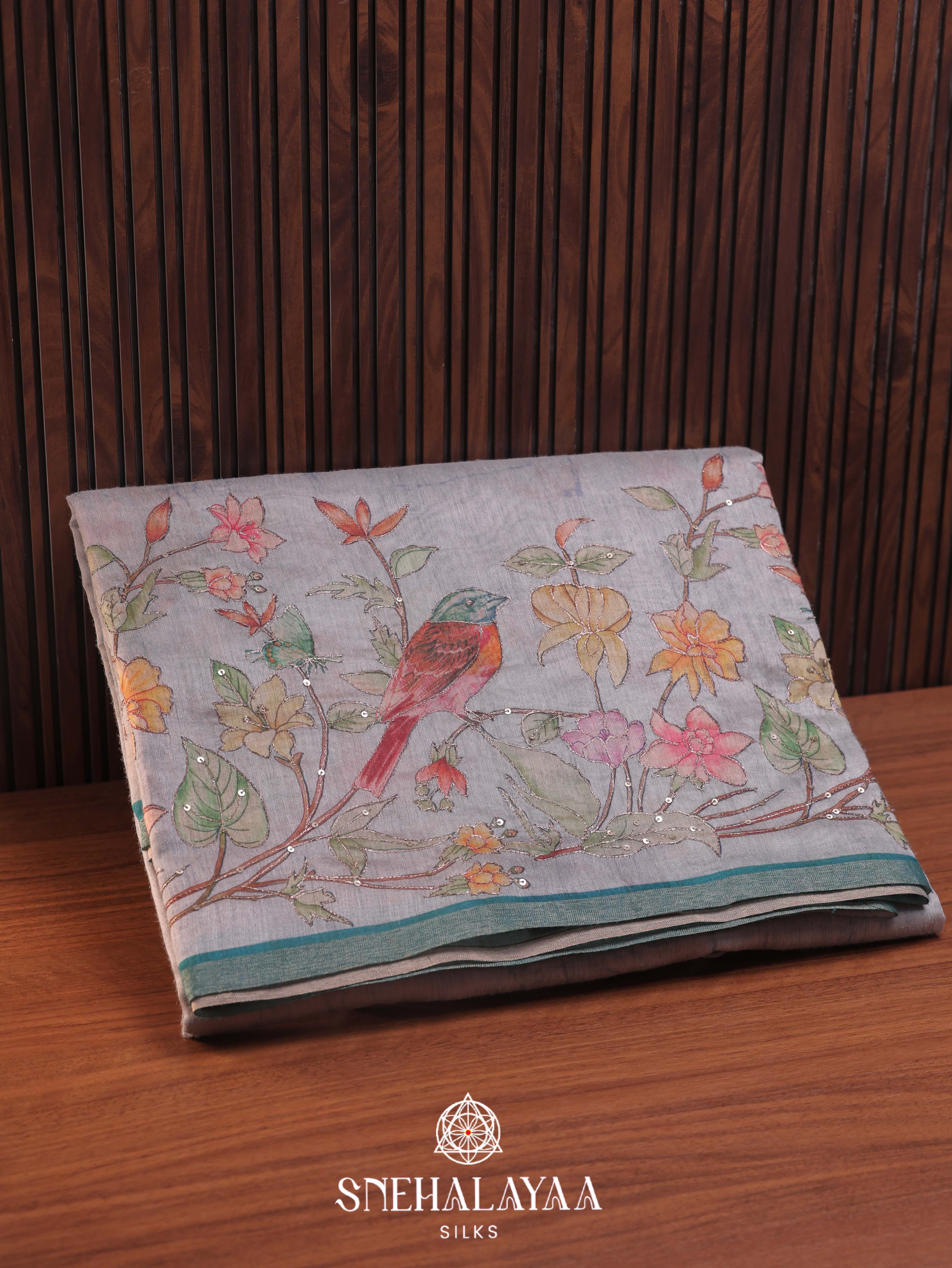 Light Blue  Linen Embroidery Saree