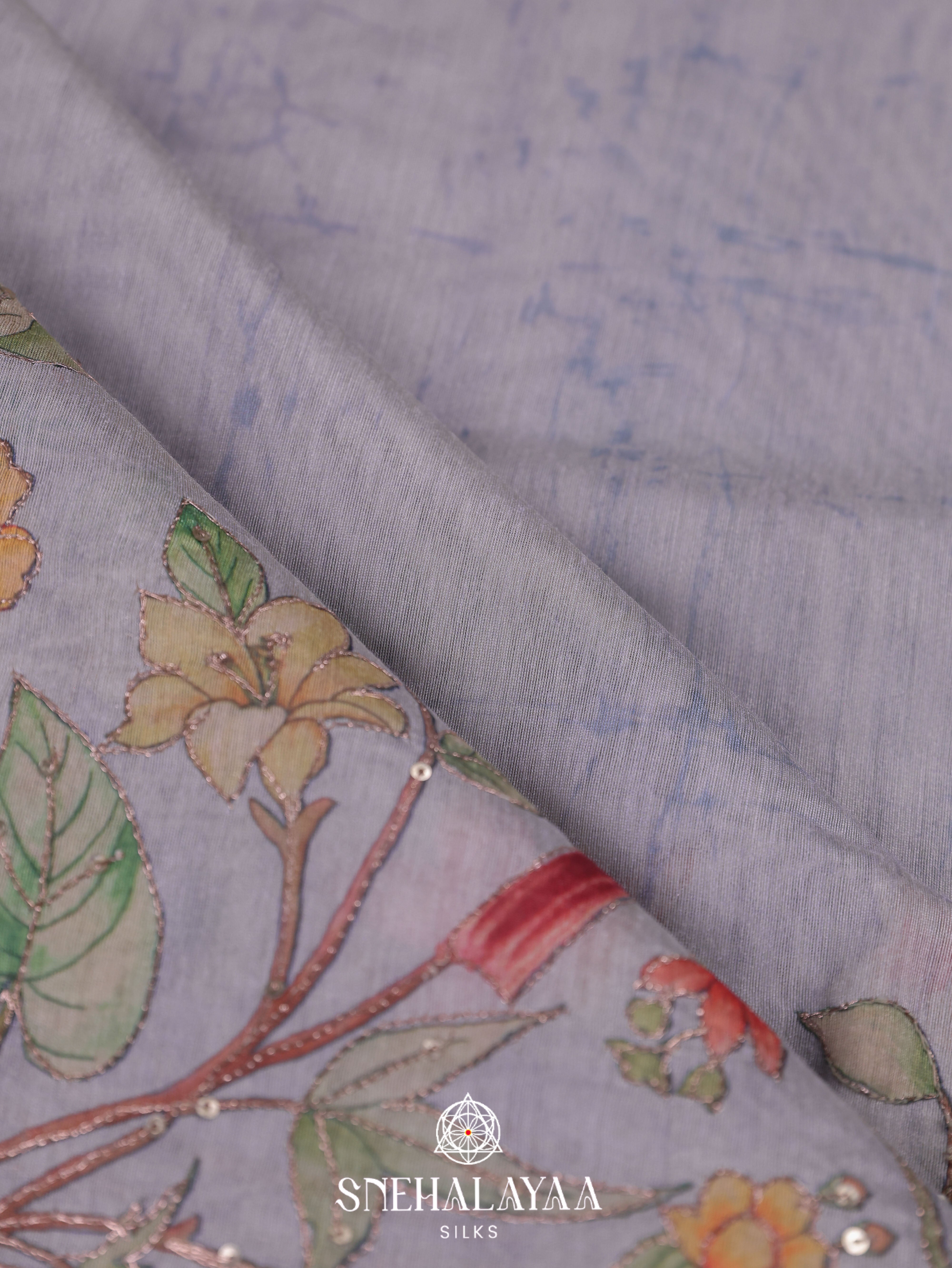 Light Blue  Linen Embroidery Saree