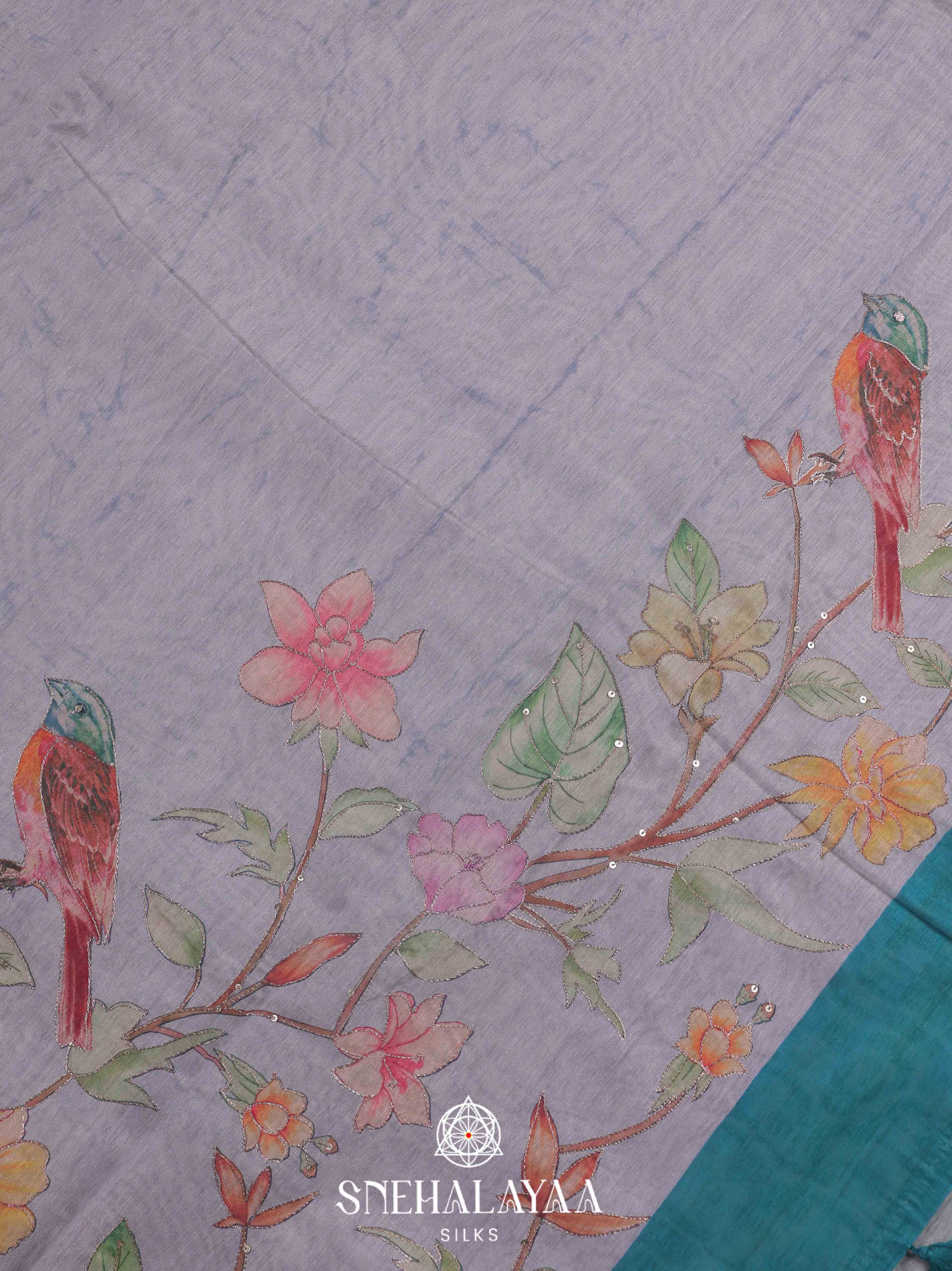 Light Blue  Linen Embroidery Saree