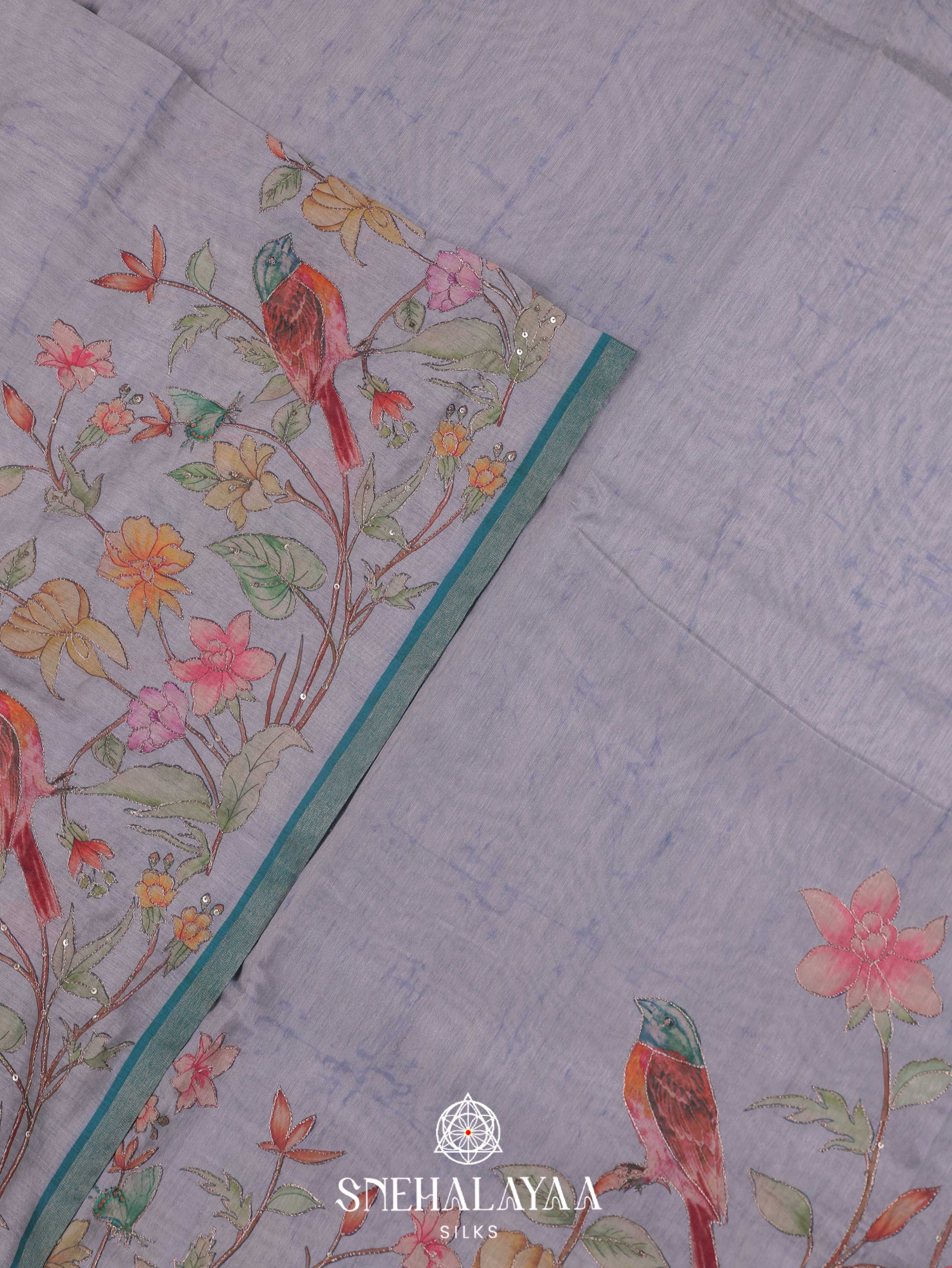 Light Blue  Linen Embroidery Saree