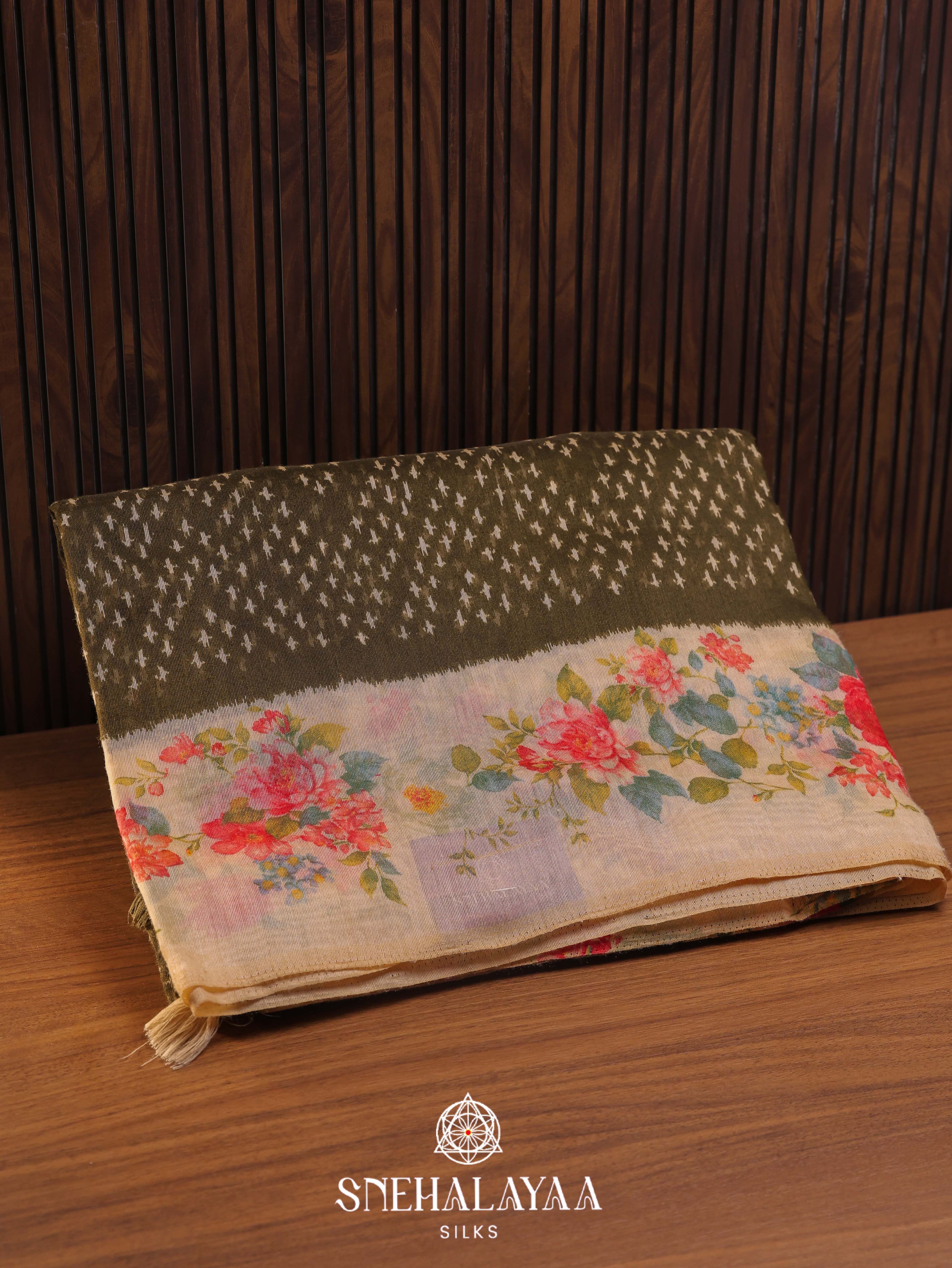 Olive Green Linen Saree