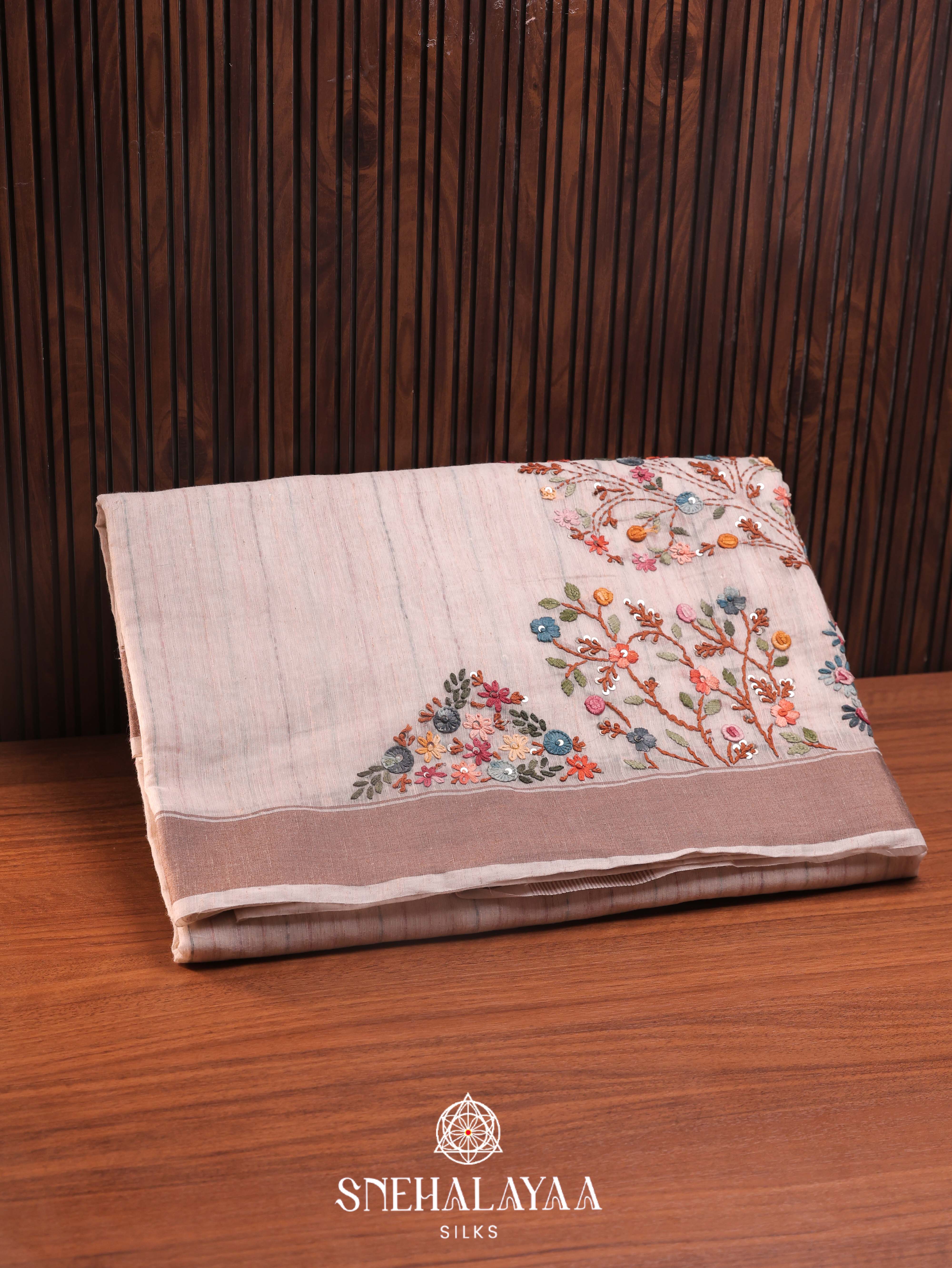 Beige  Linen Cotton Saree