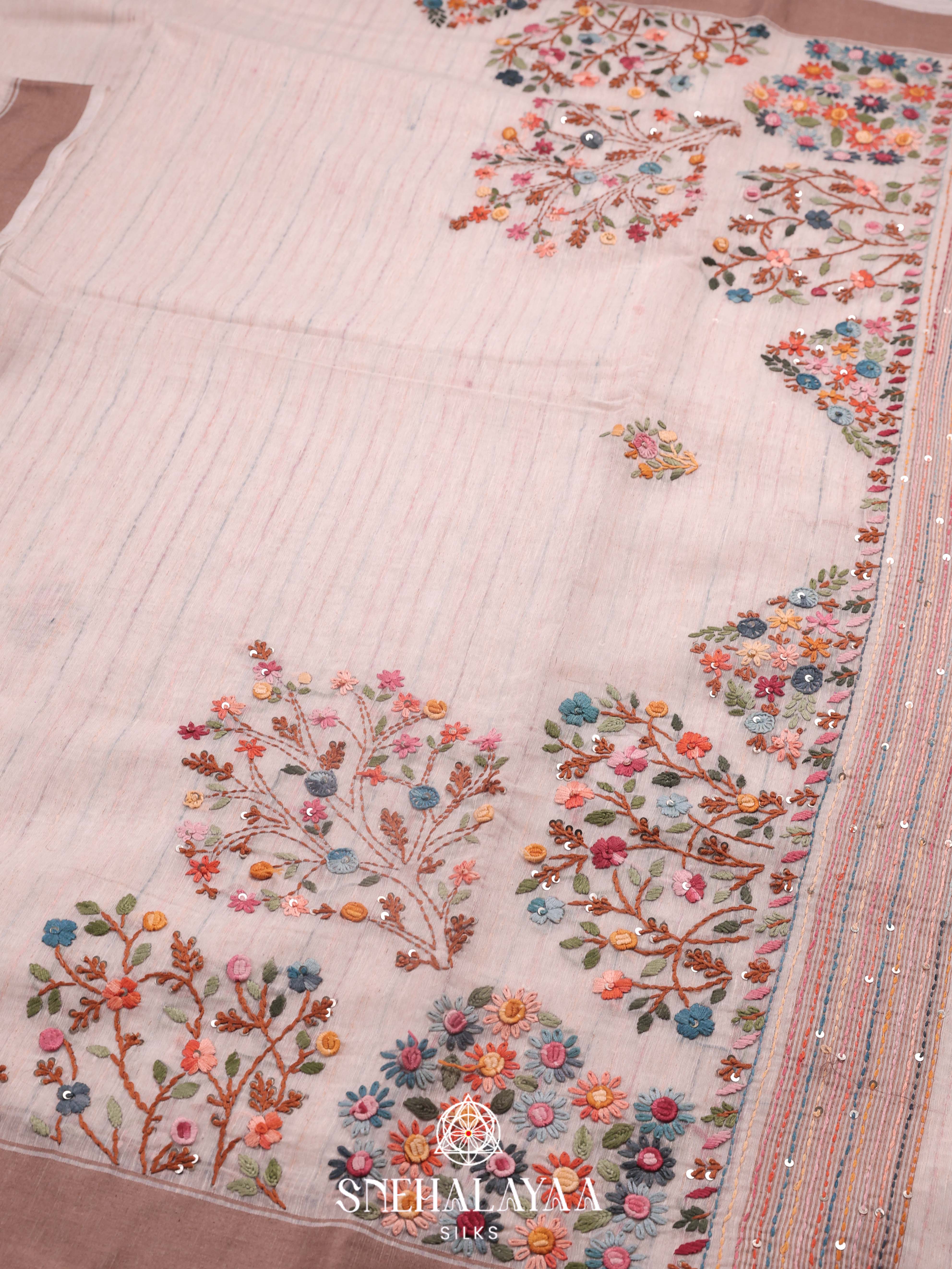 Beige  Linen Cotton Saree