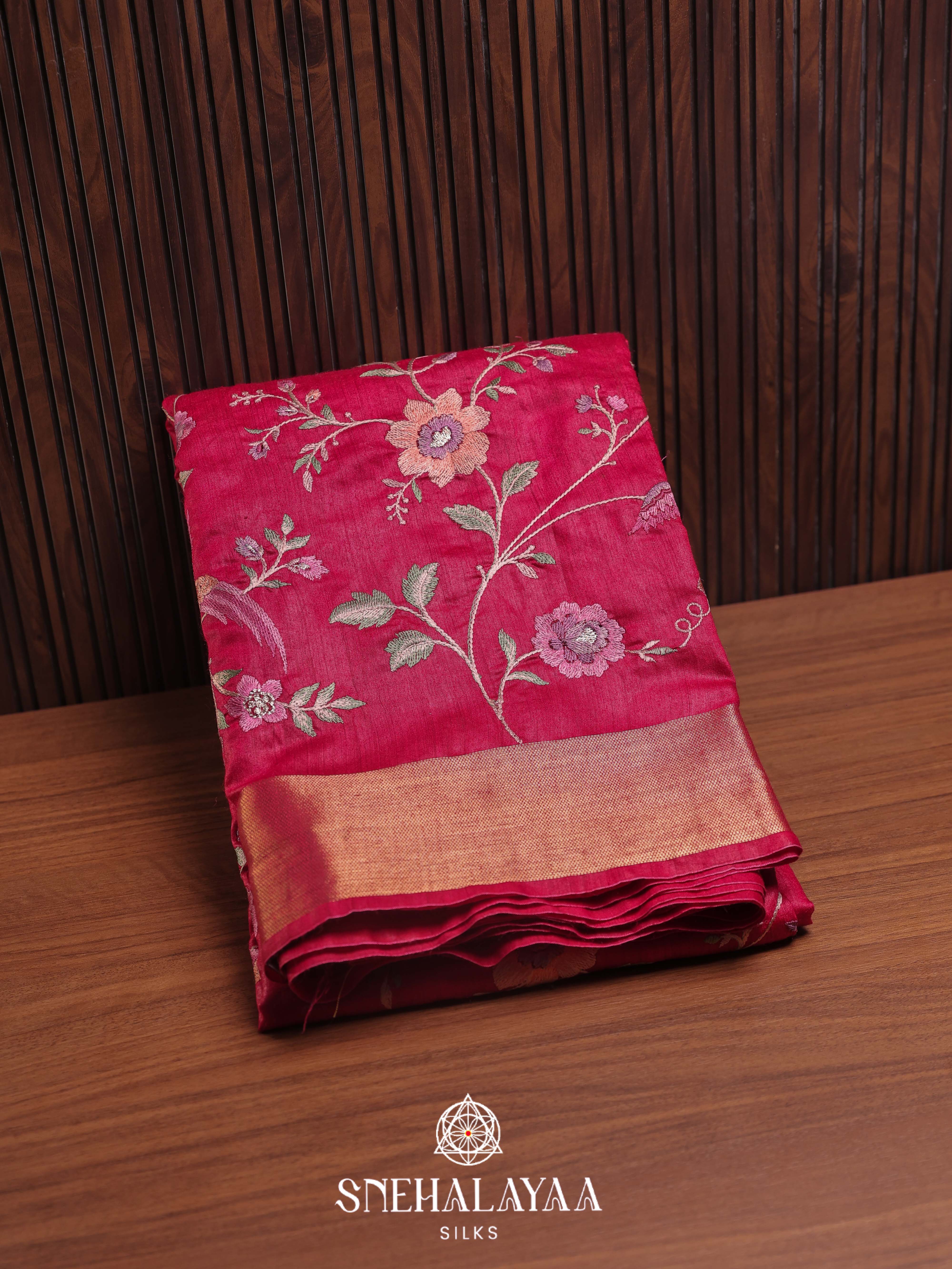 Ruby Red Munga Tussar Embroidery Saree