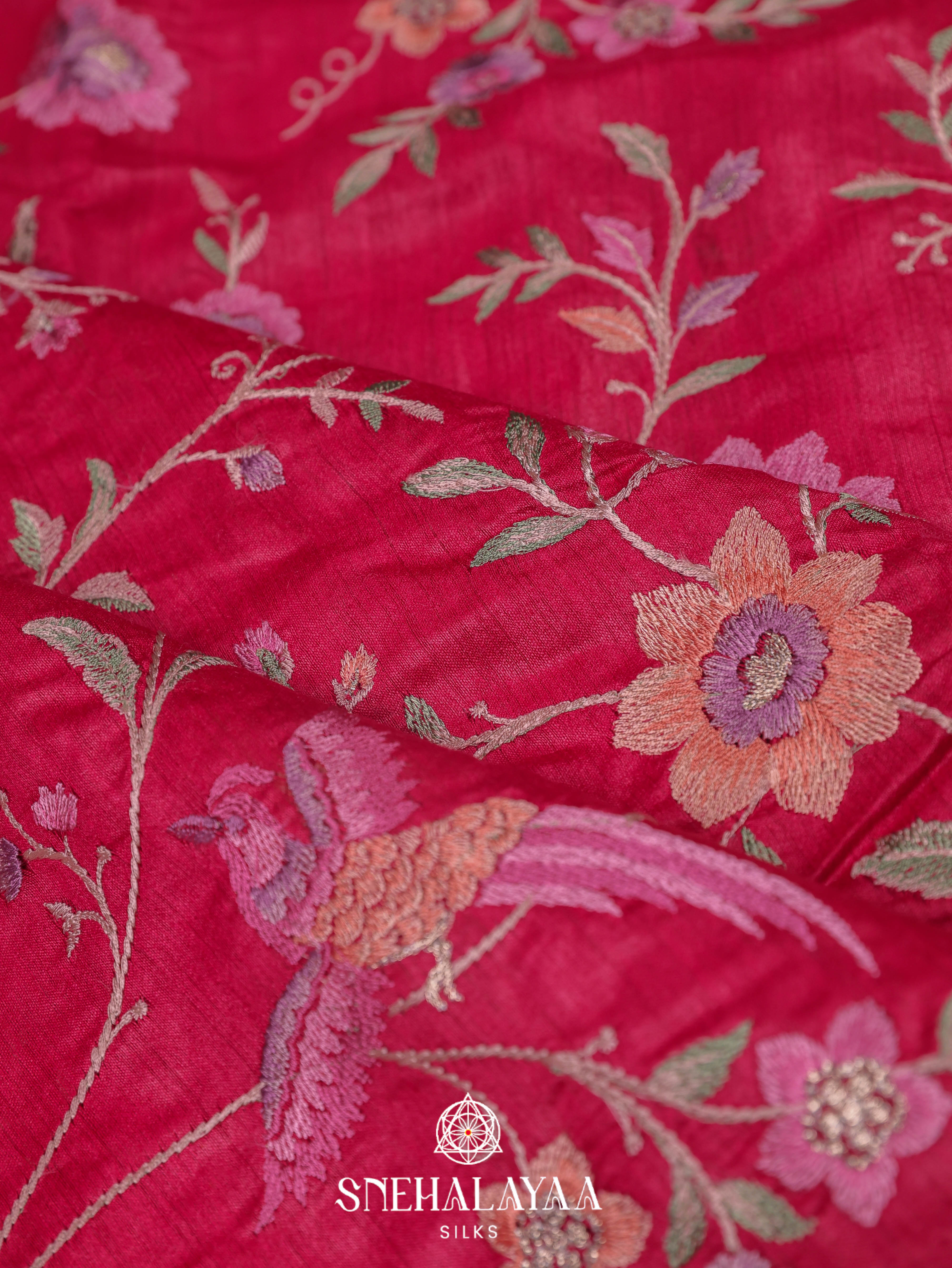Ruby Red Munga Tussar Embroidery Saree