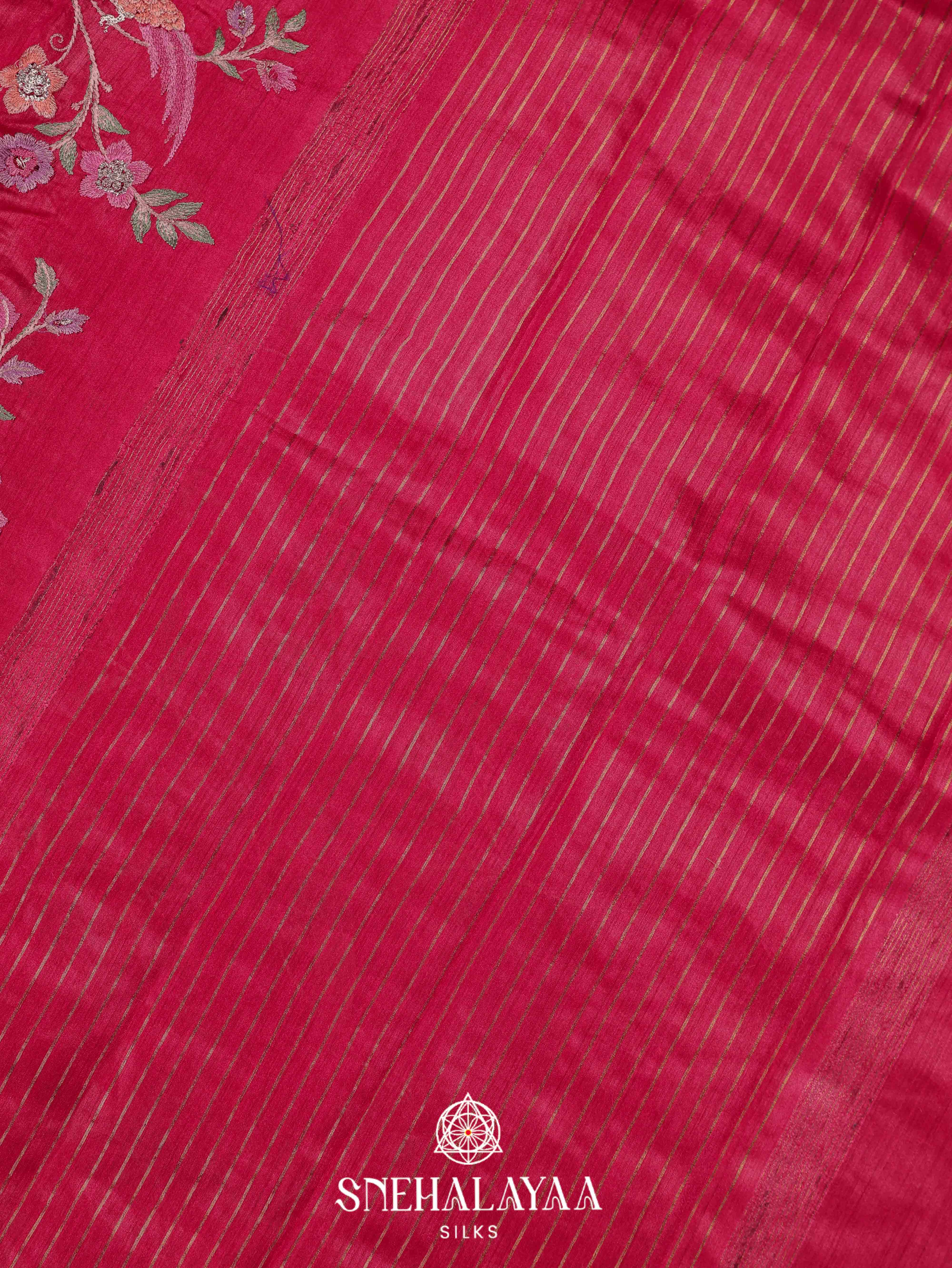 Ruby Red Munga Tussar Embroidery Saree