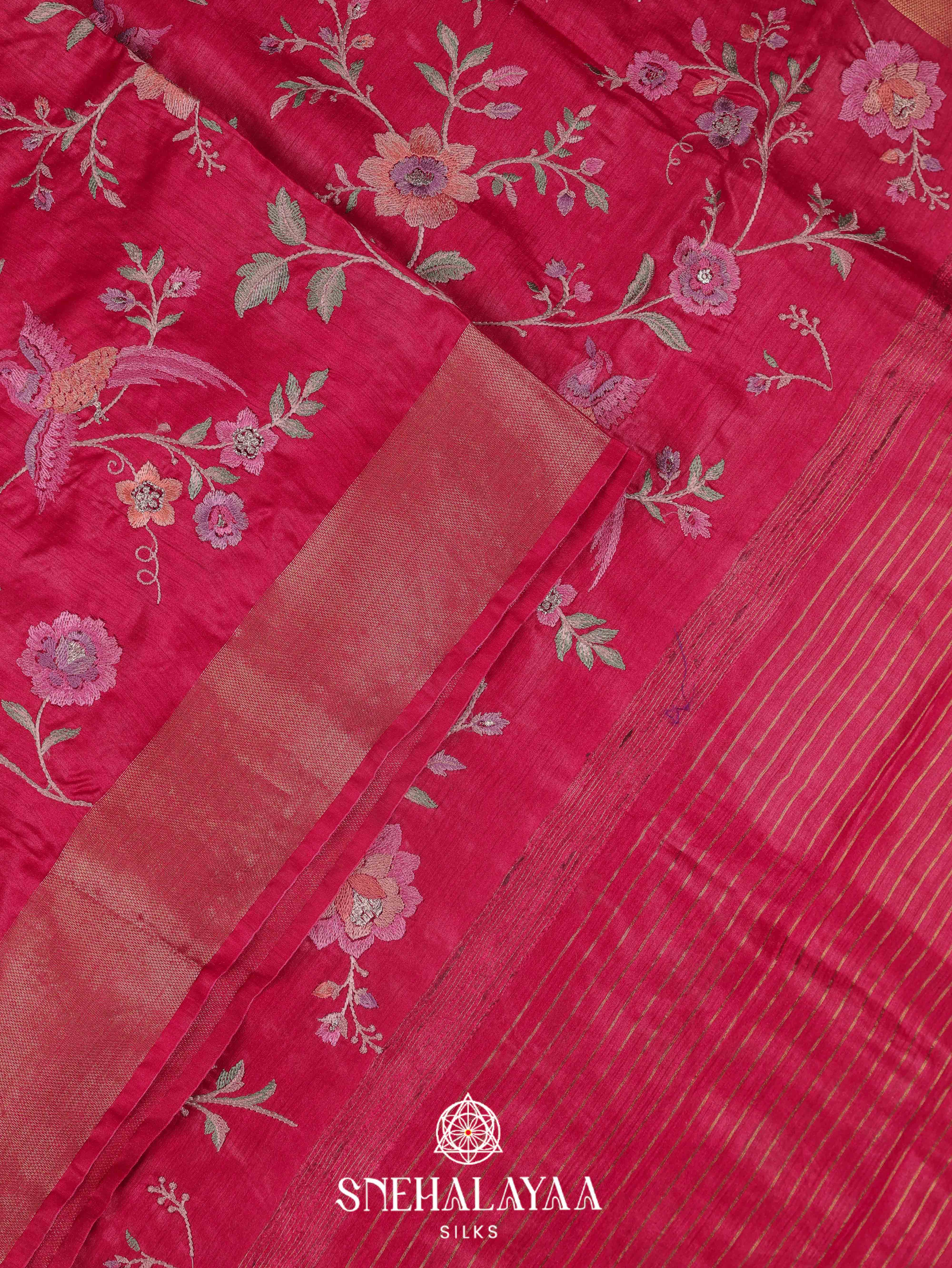 Ruby Red Munga Tussar Embroidery Saree