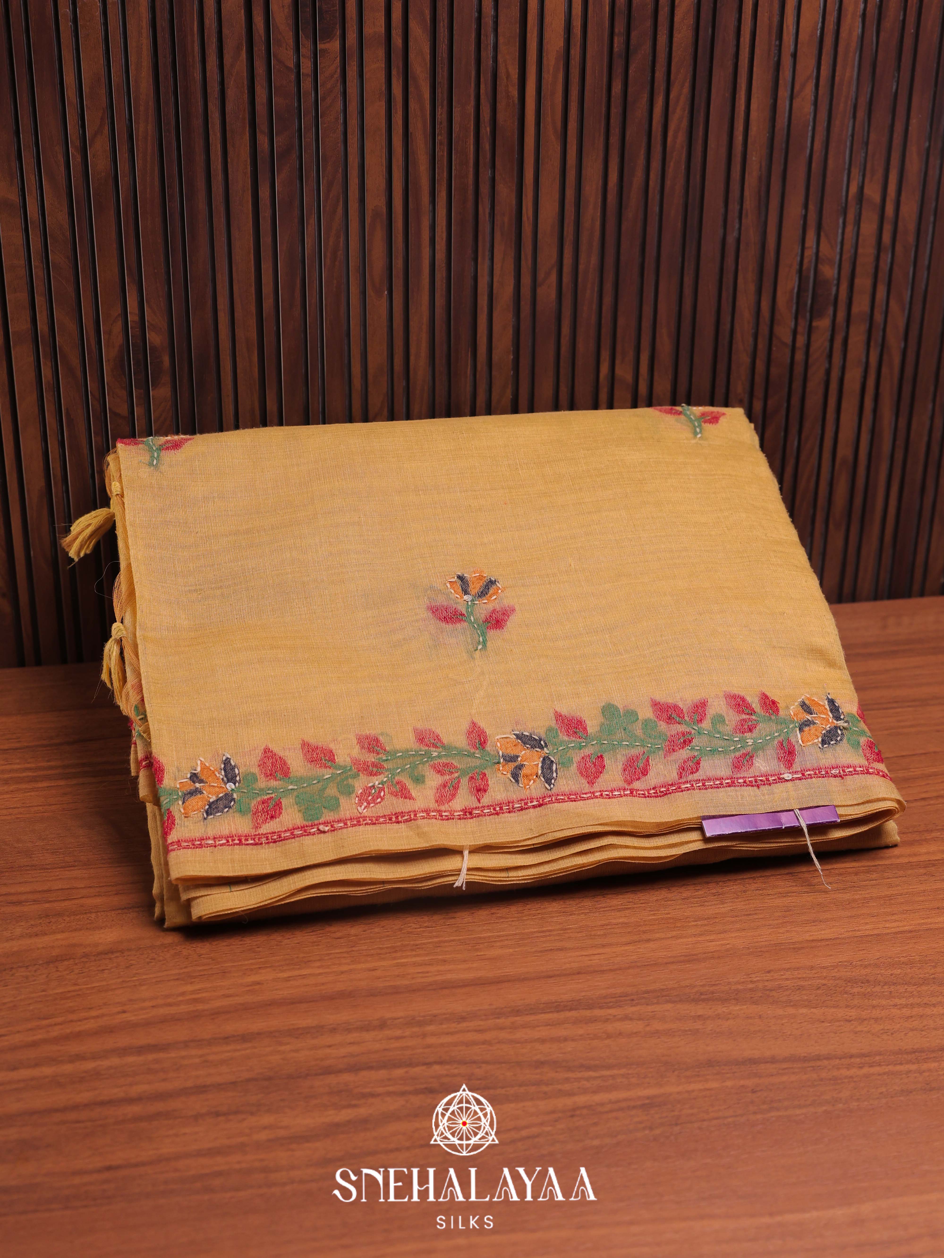 Yellow Munga Cotton Embroidery Saree
