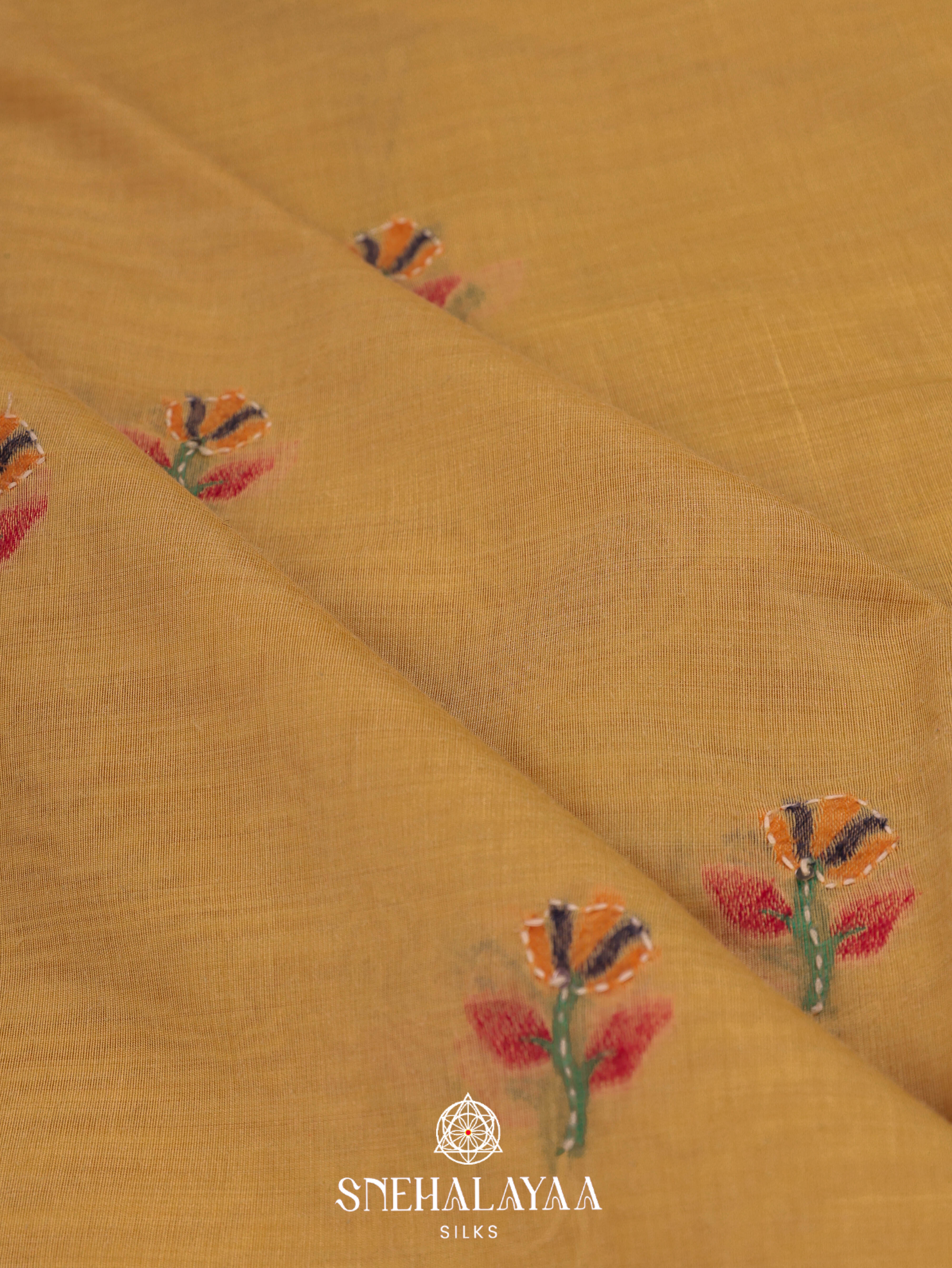 Yellow Munga Cotton Embroidery Saree