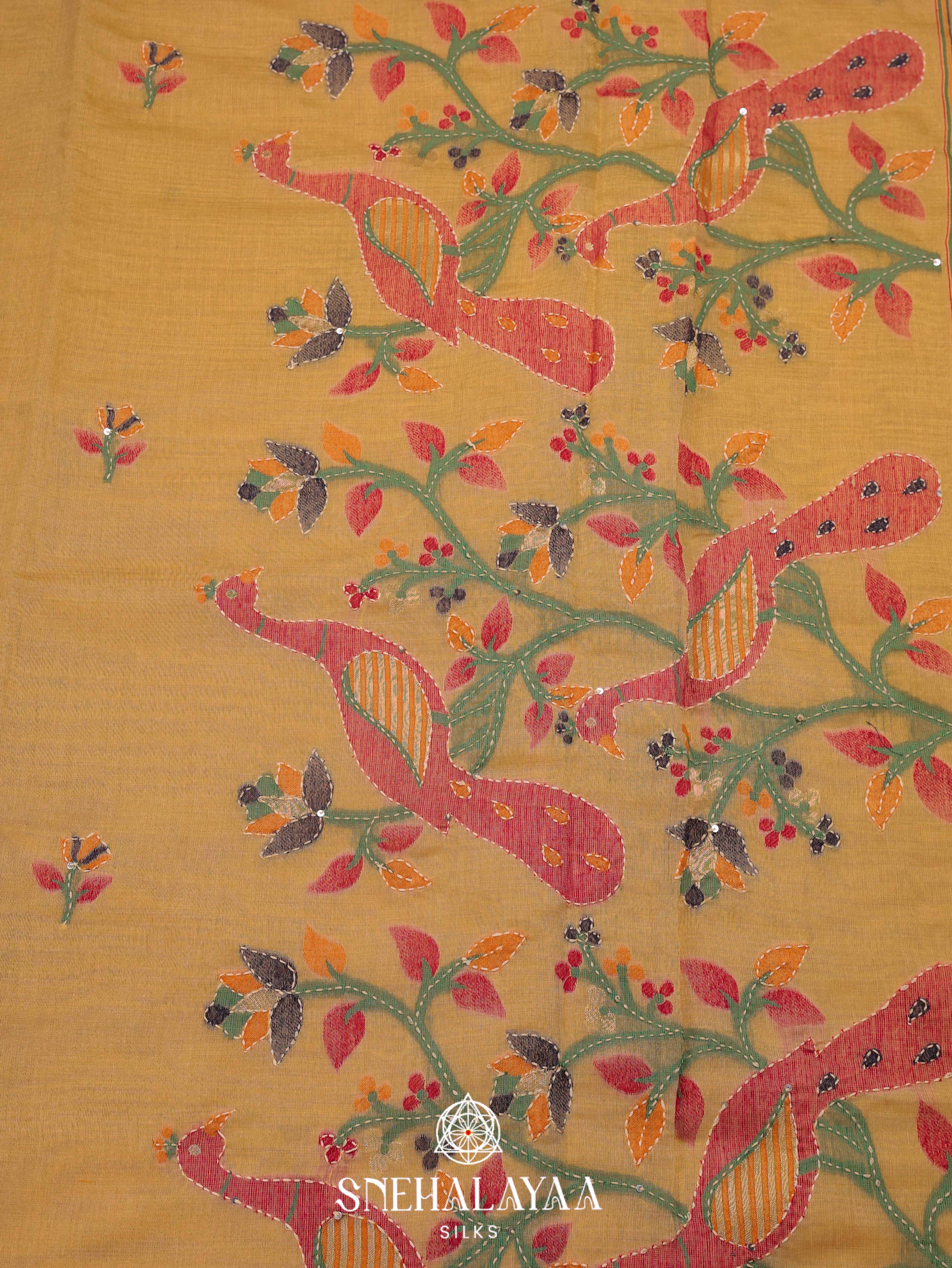 Yellow Munga Cotton Embroidery Saree