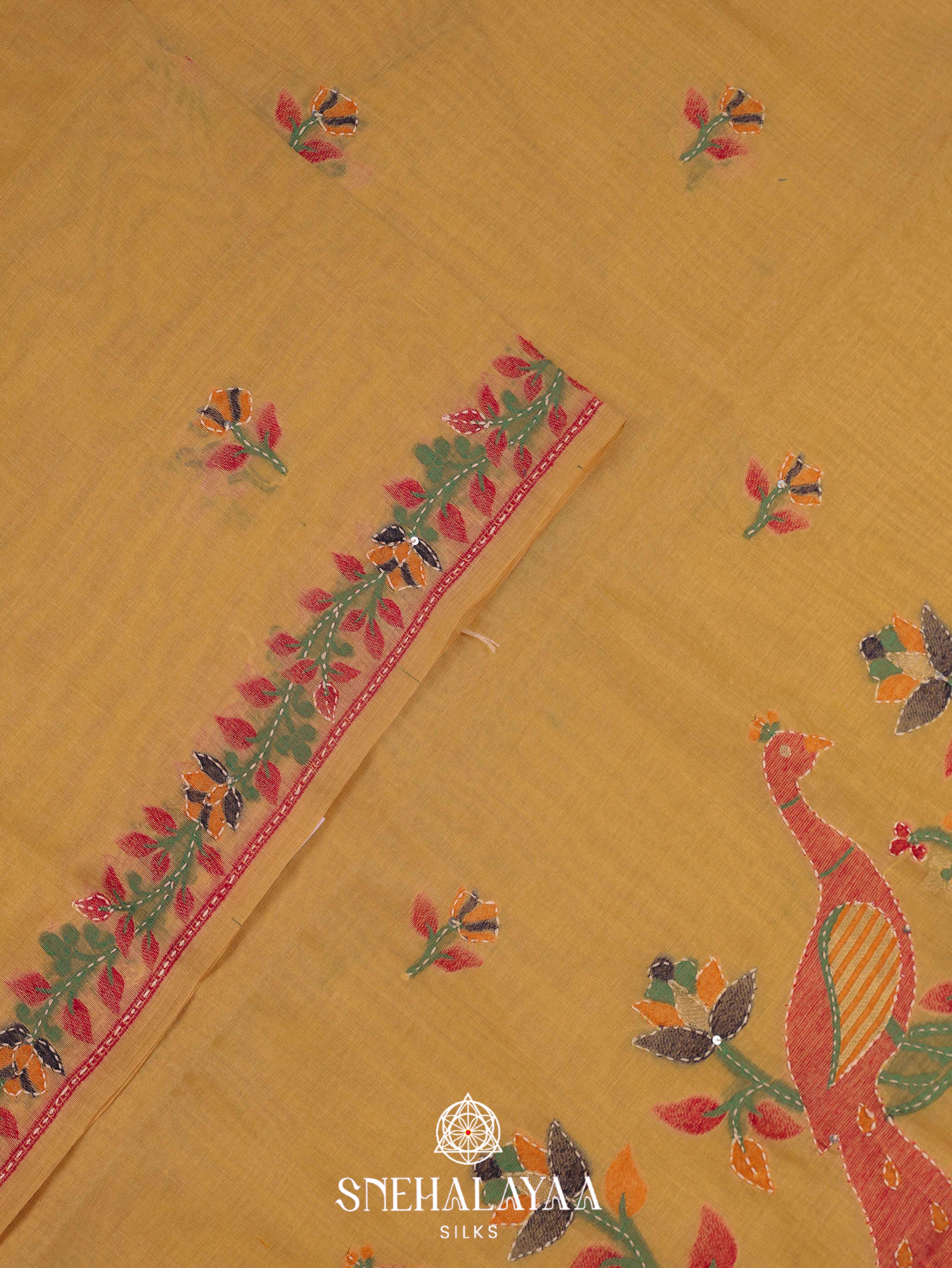 Yellow Munga Cotton Embroidery Saree
