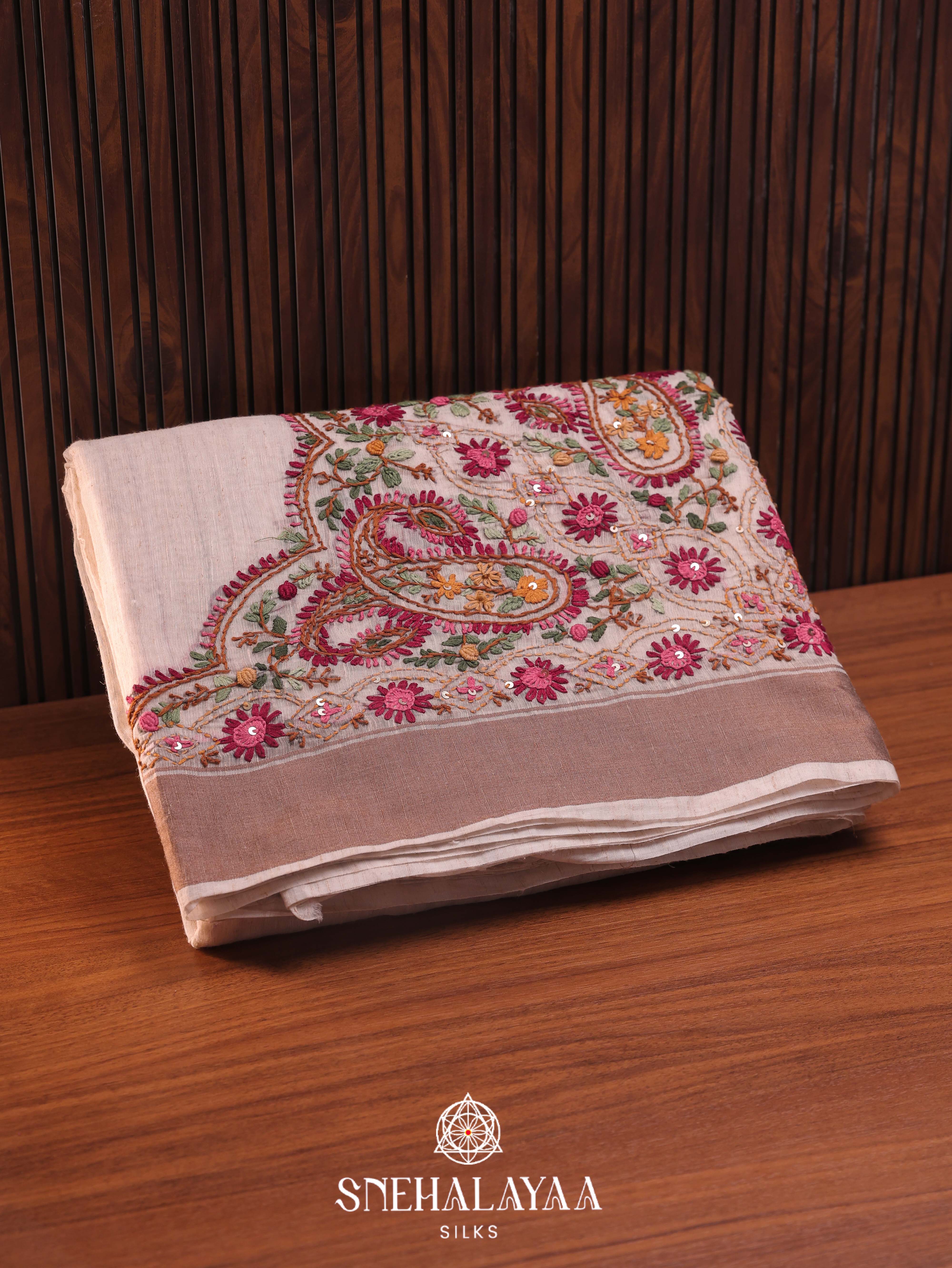 Beige  Linen Cotton Saree