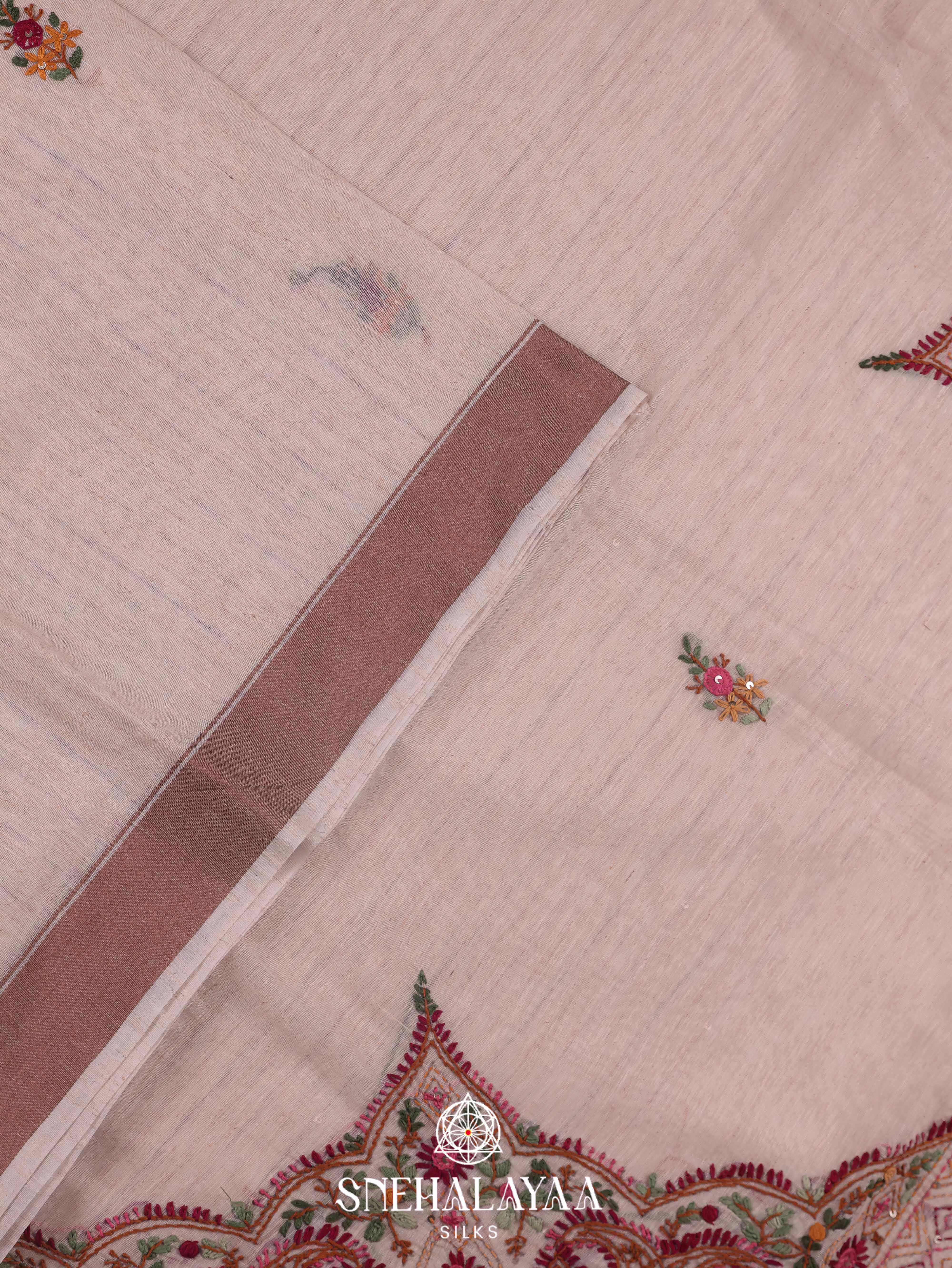 Beige  Linen Cotton Saree