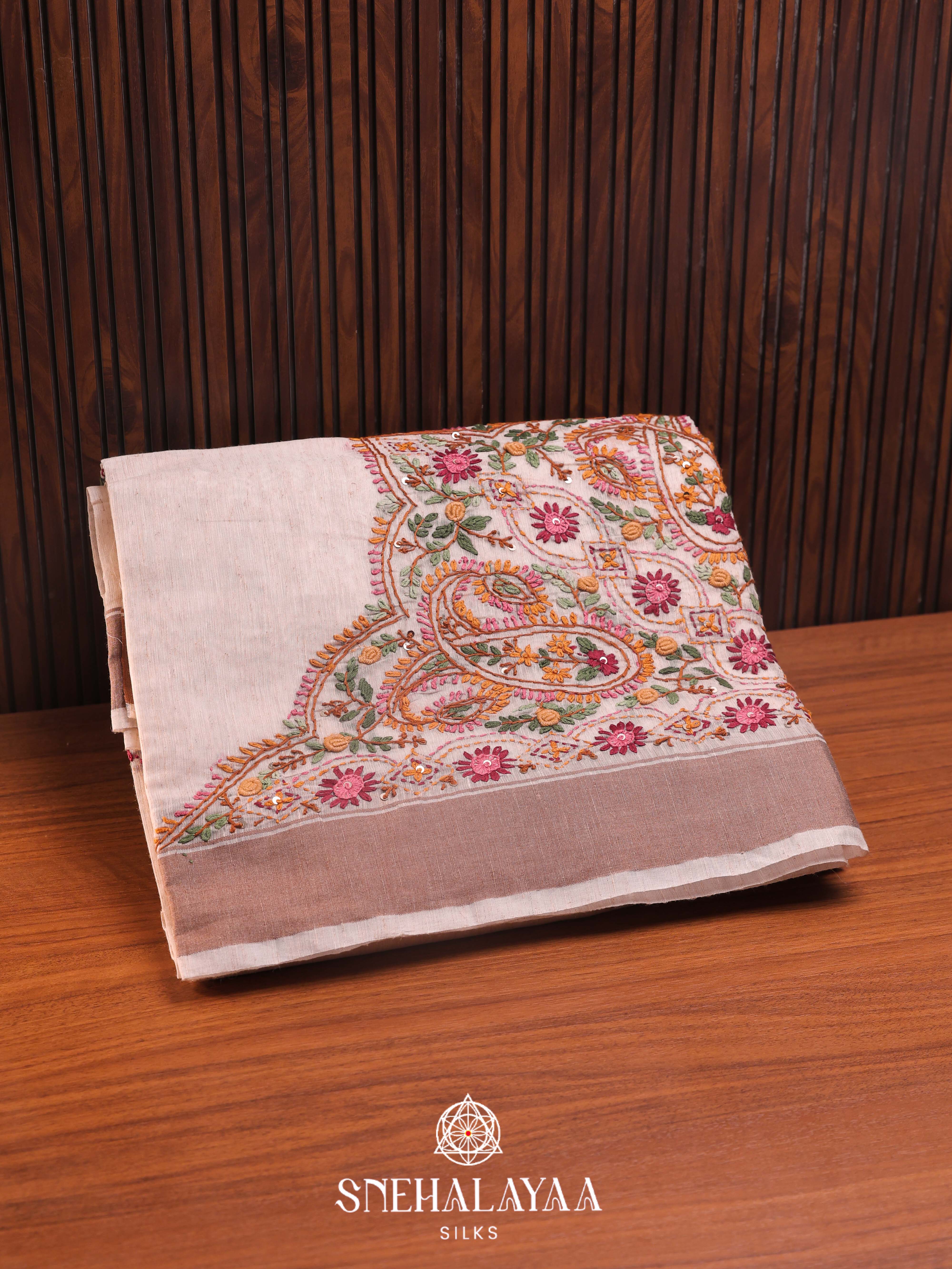 Beige  Linen Cotton Saree