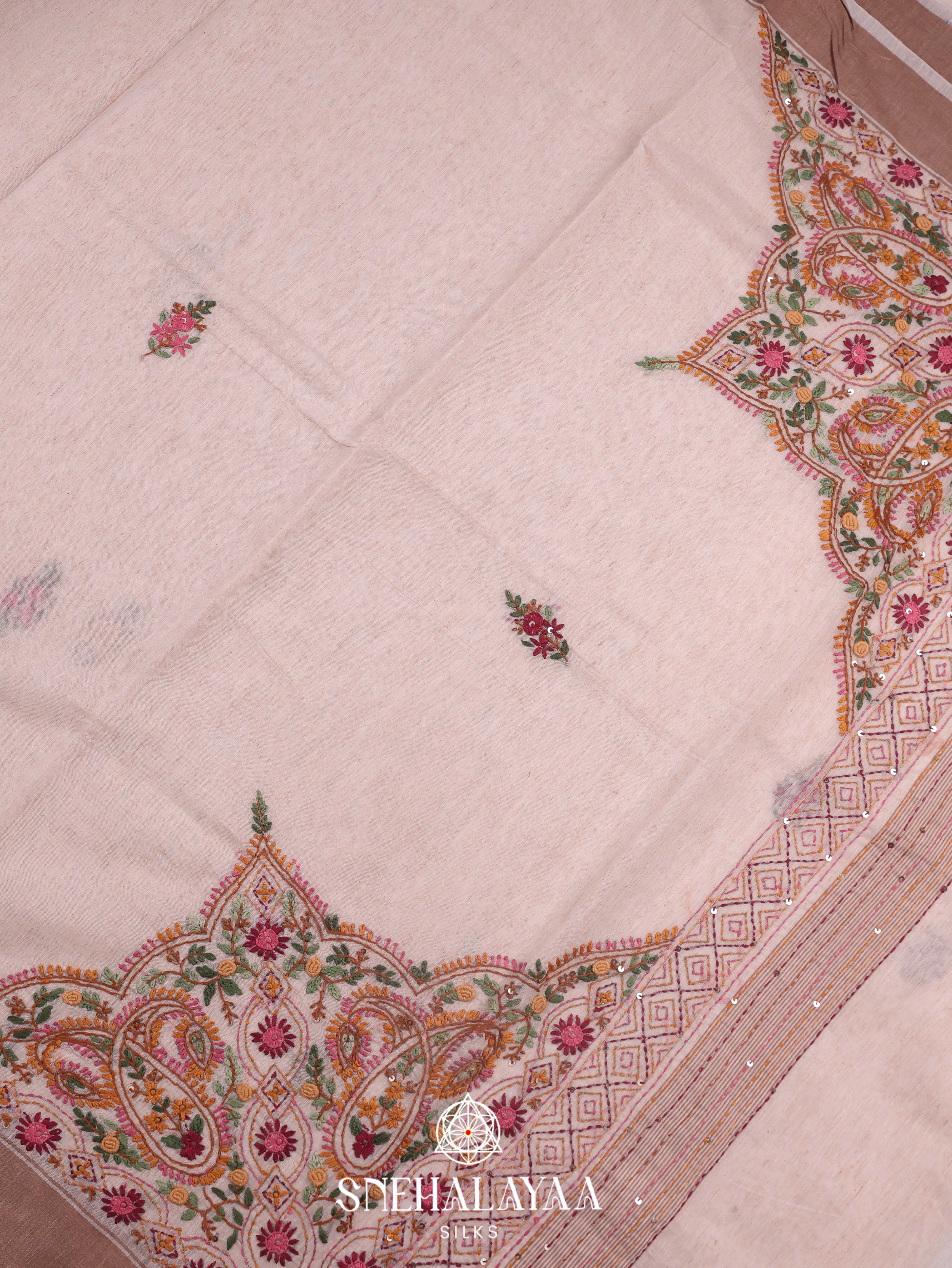 Beige  Linen Cotton Saree