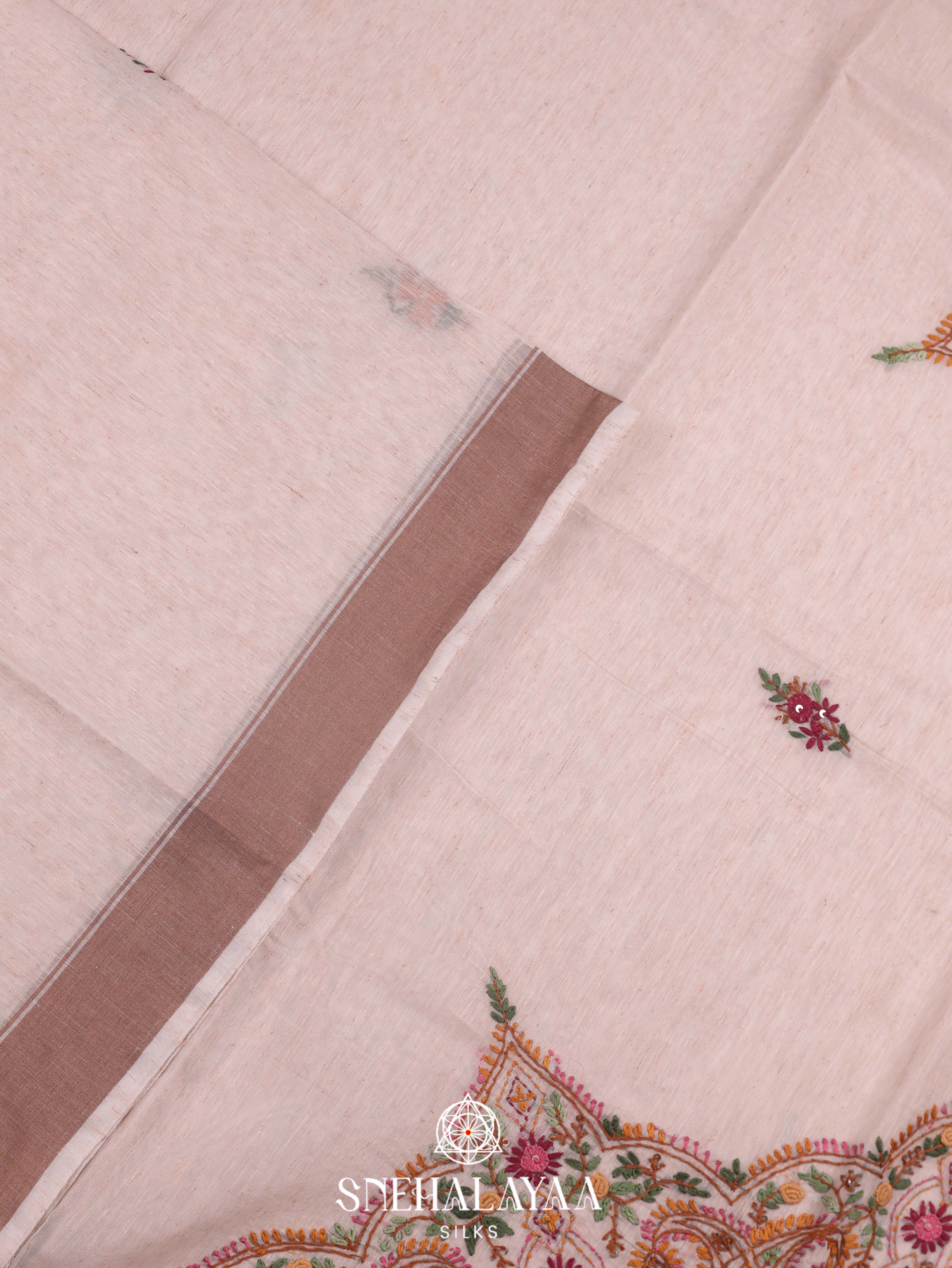 Beige  Linen Cotton Saree
