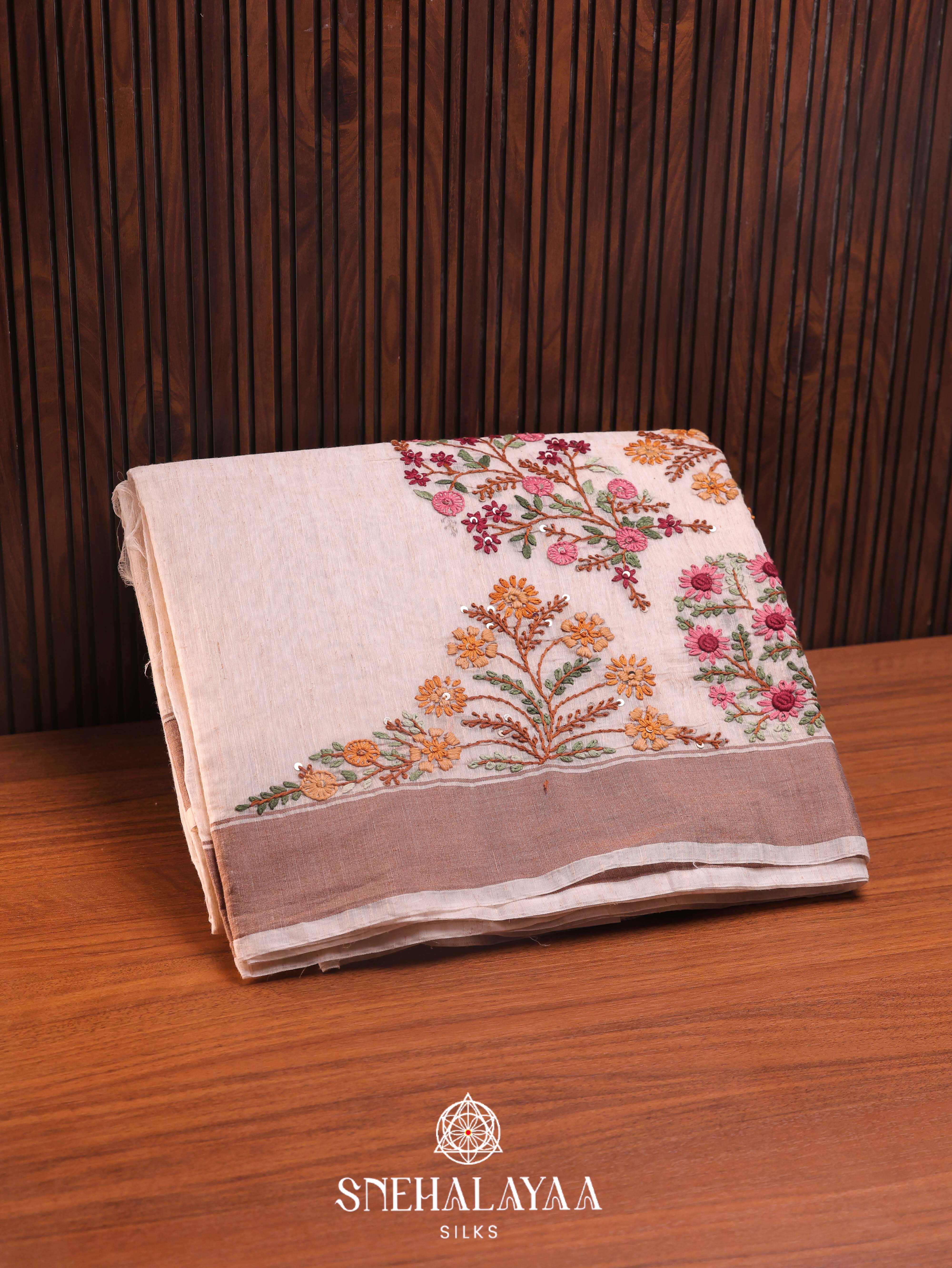 Beige  Linen Cotton Saree