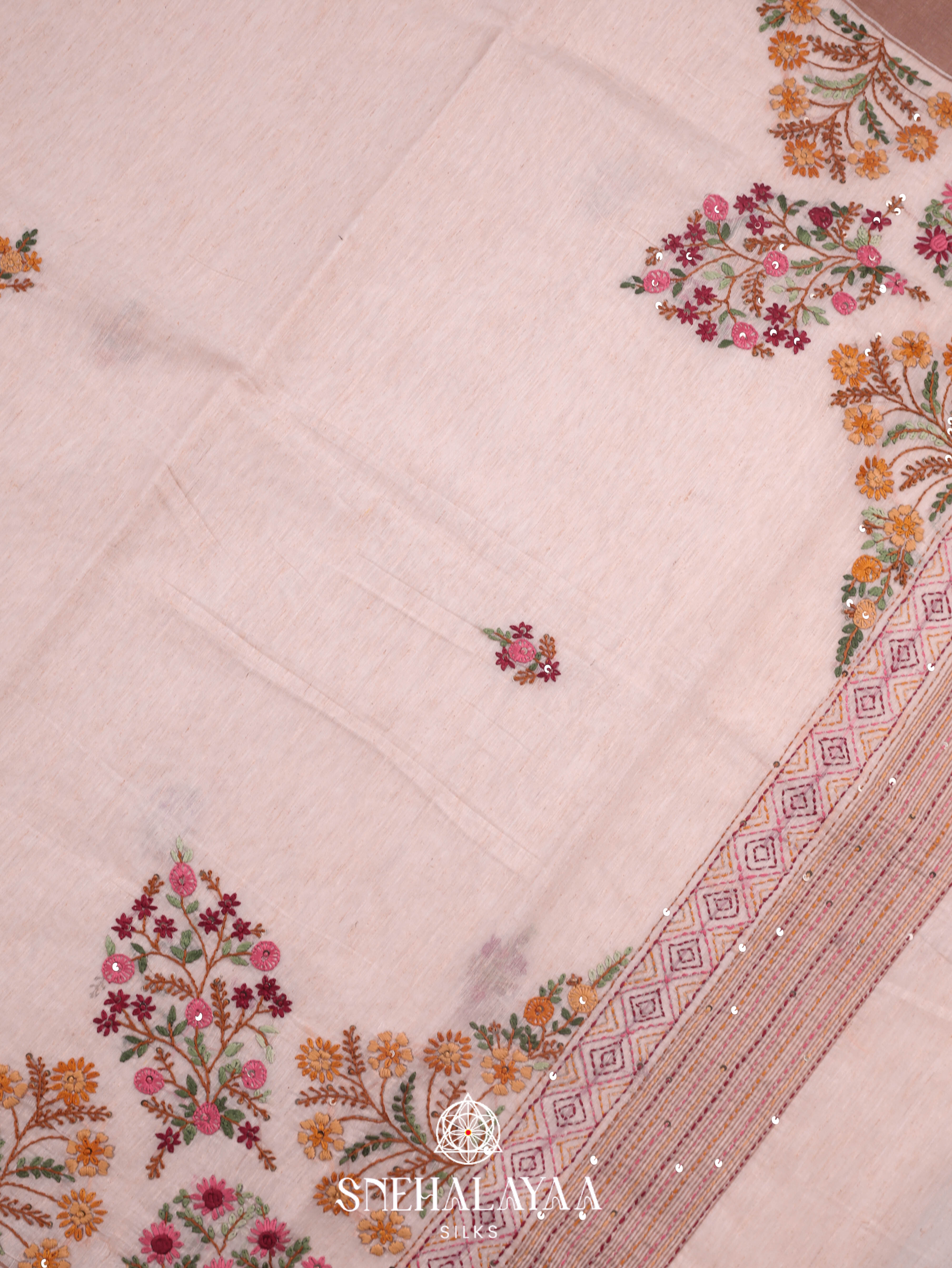 Beige  Linen Cotton Saree