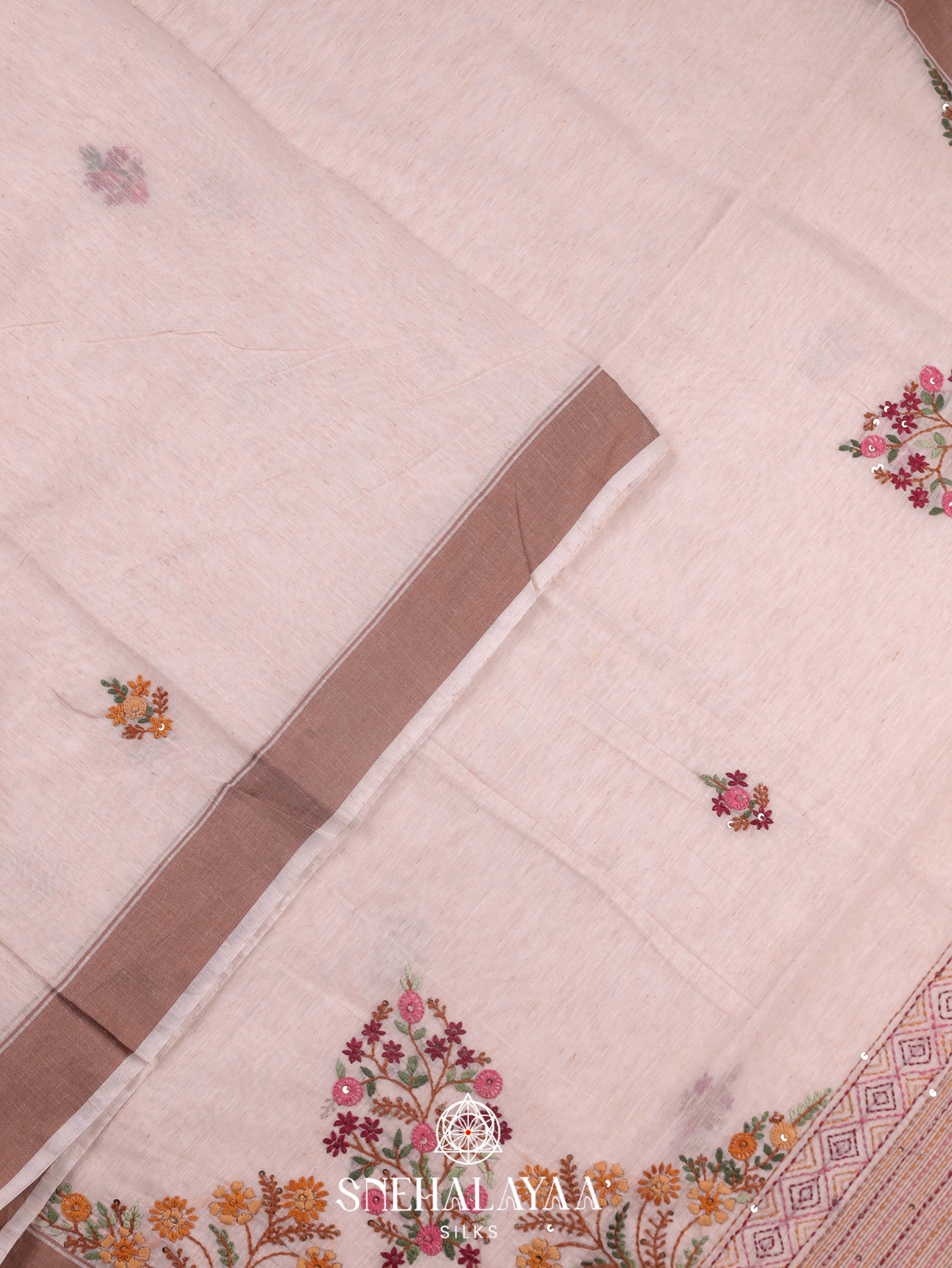 Beige  Linen Cotton Saree