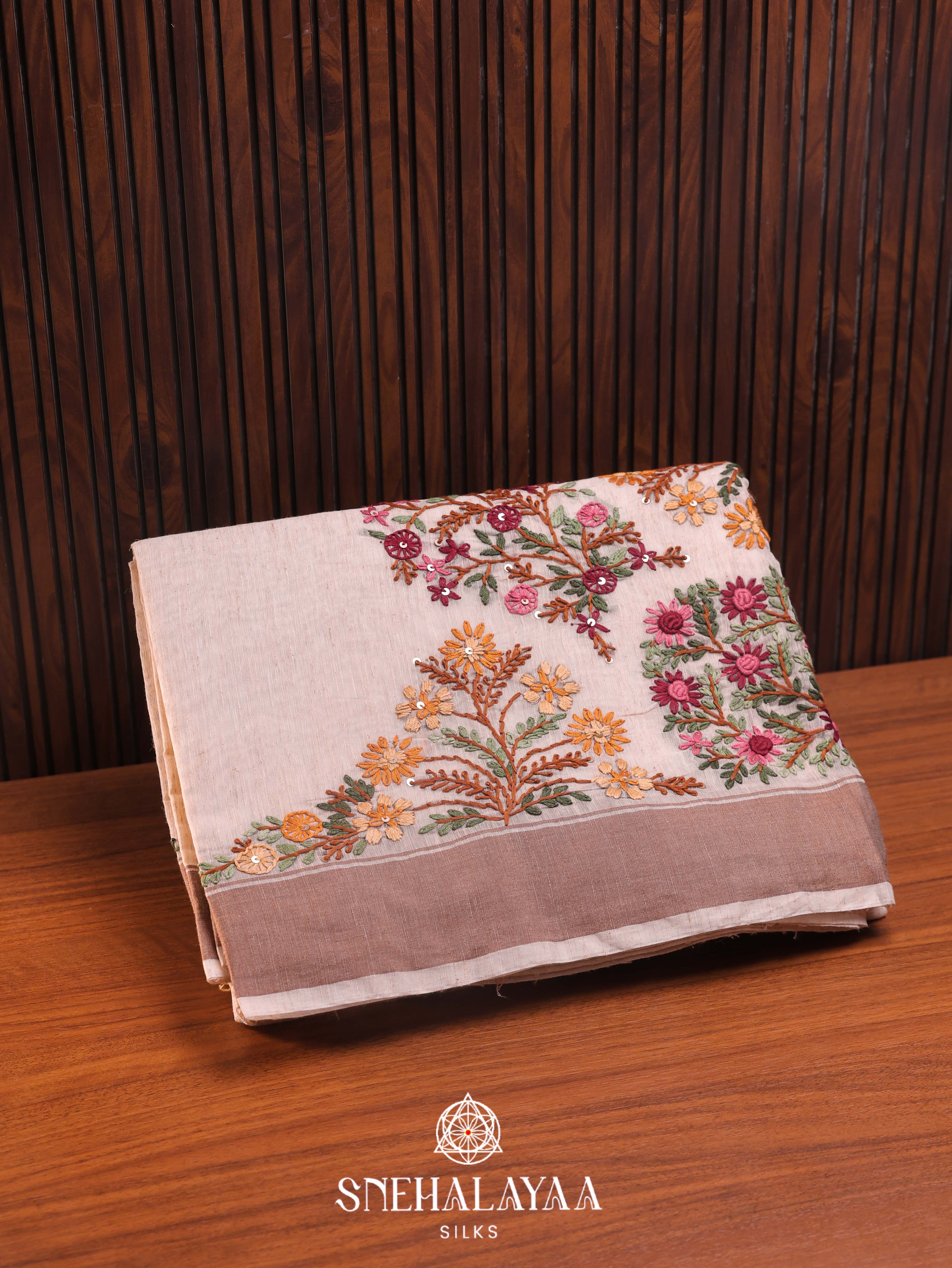 Beige  Linen Cotton Saree