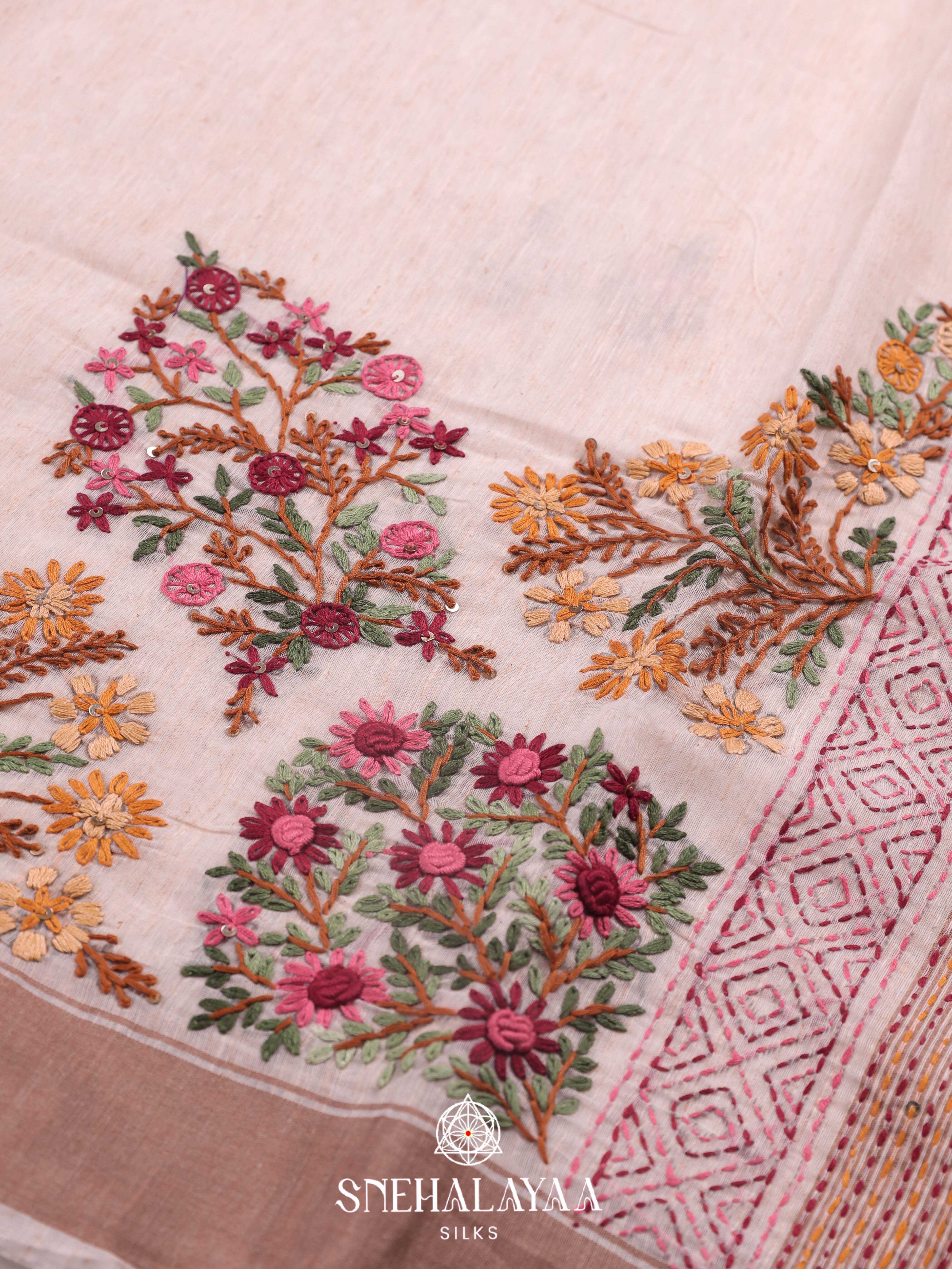 Beige  Linen Cotton Saree