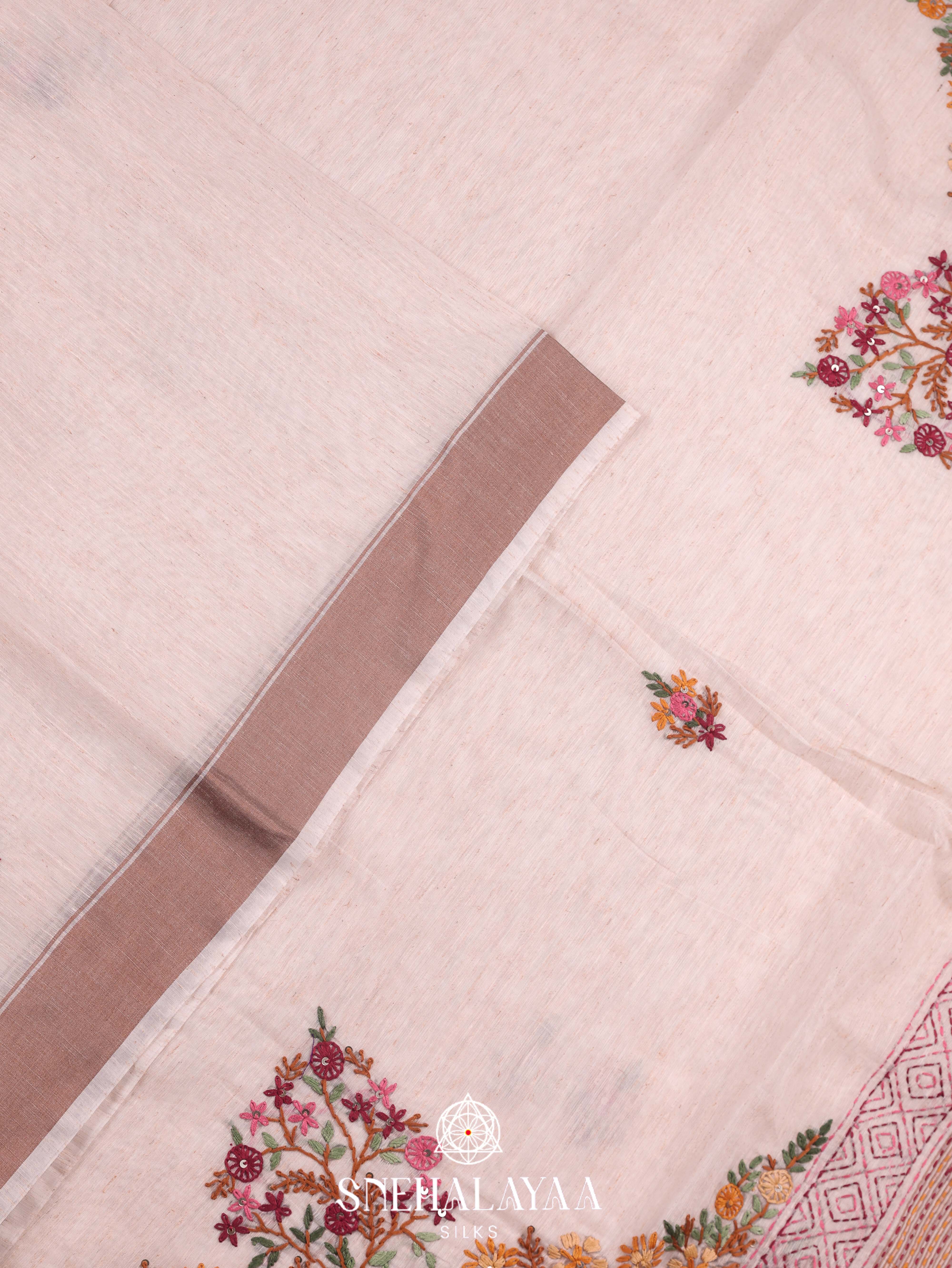 Beige  Linen Cotton Saree