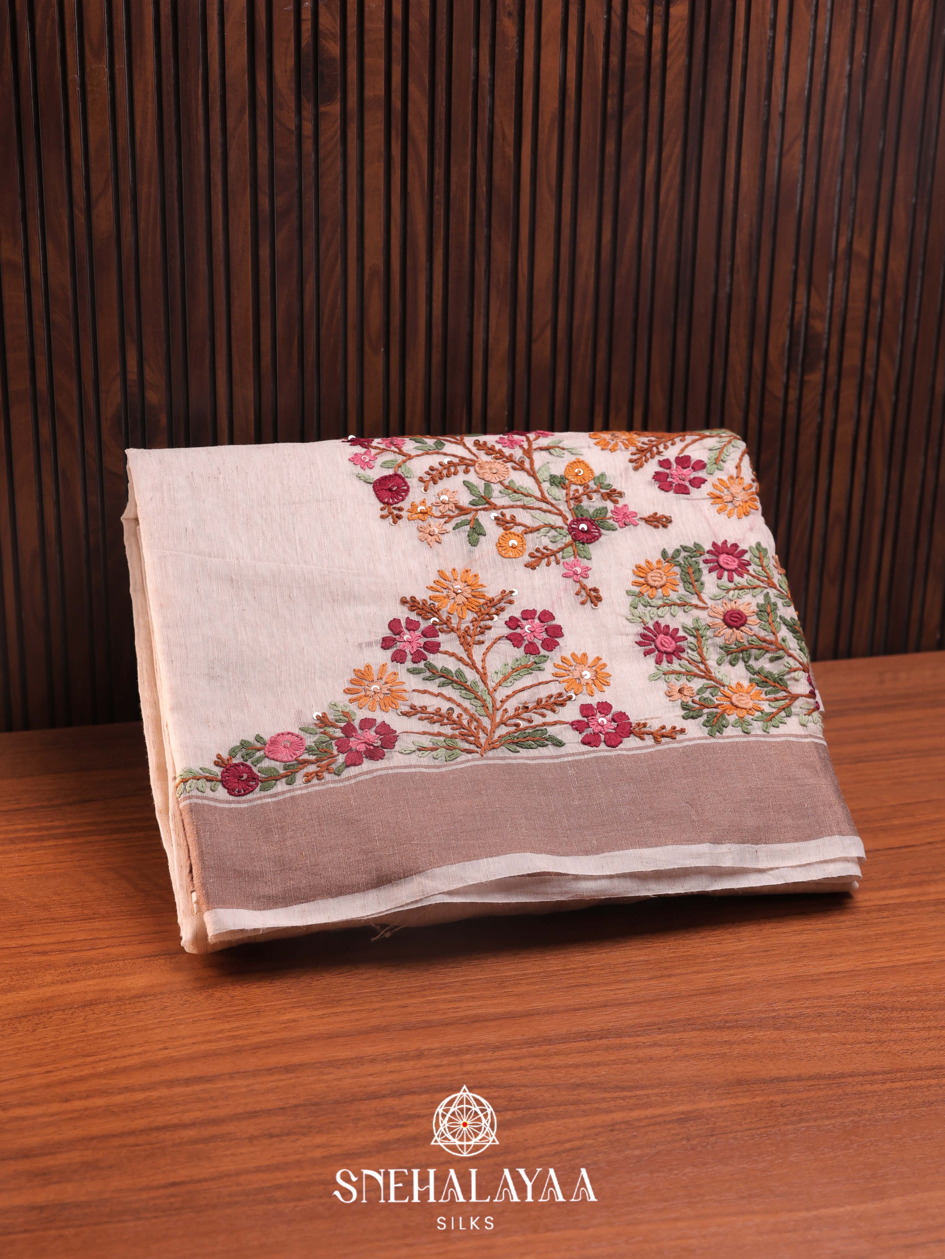 Beige  Linen Cotton Saree