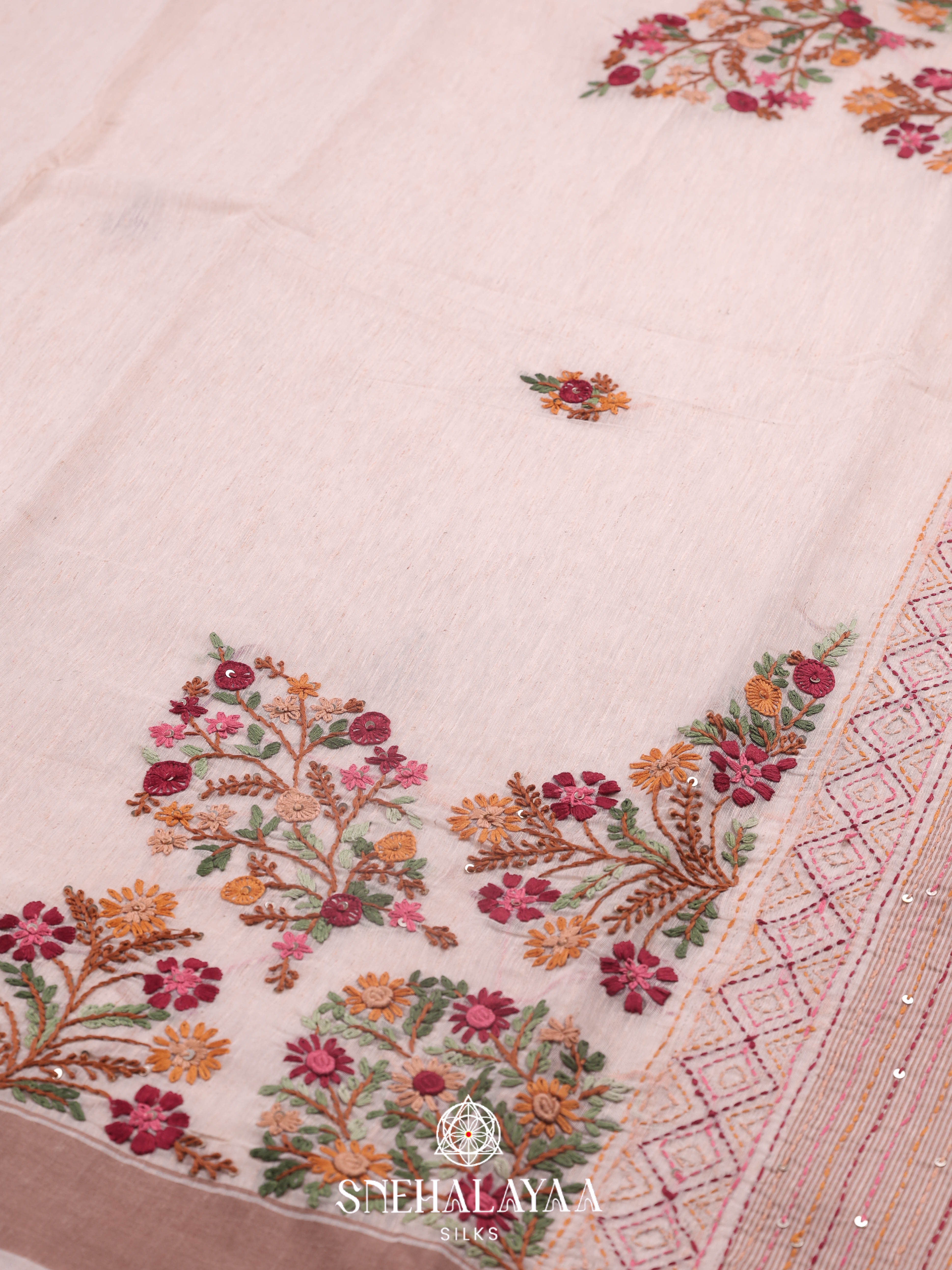 Beige  Linen Cotton Saree