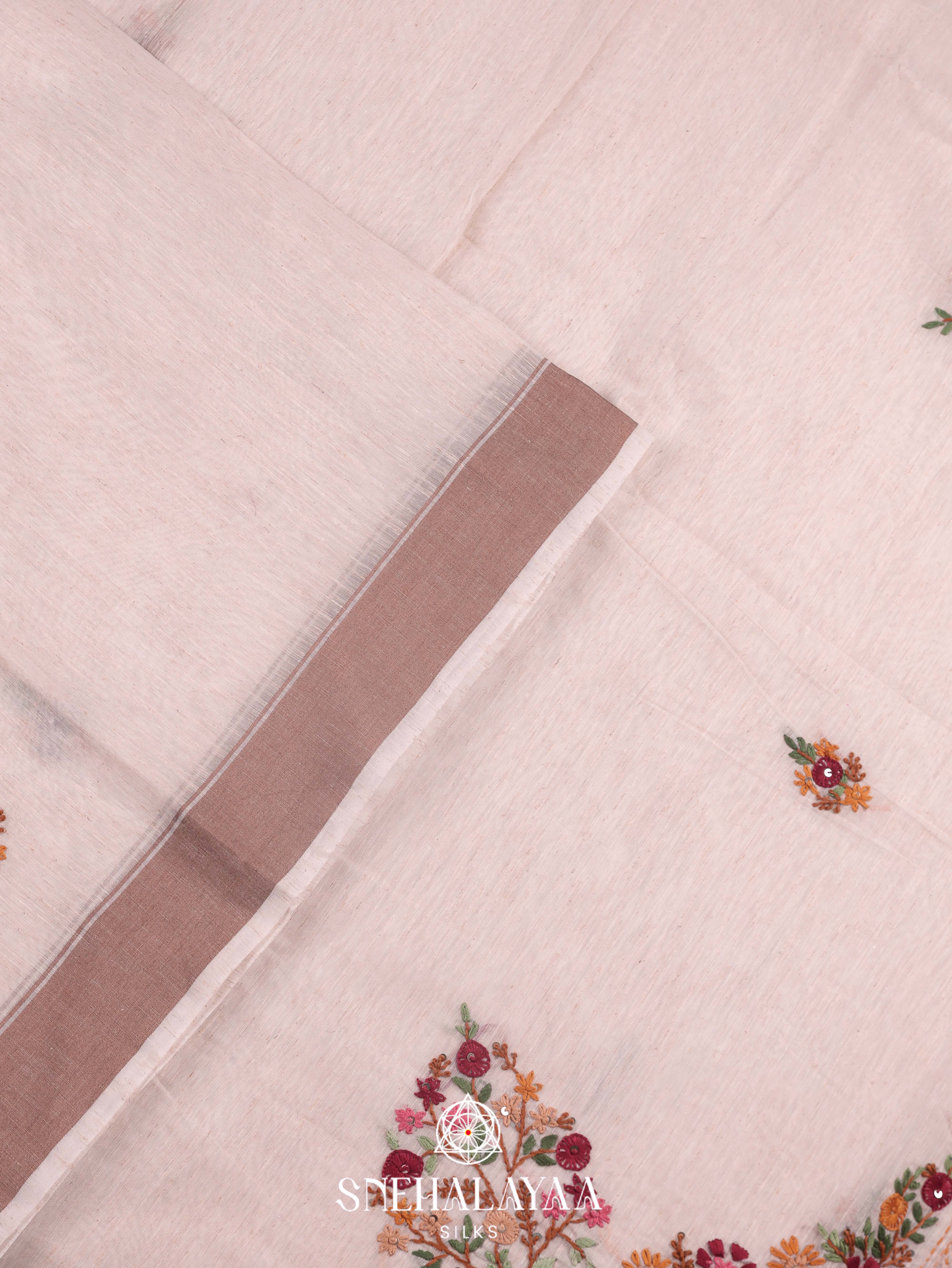 Beige  Linen Cotton Saree