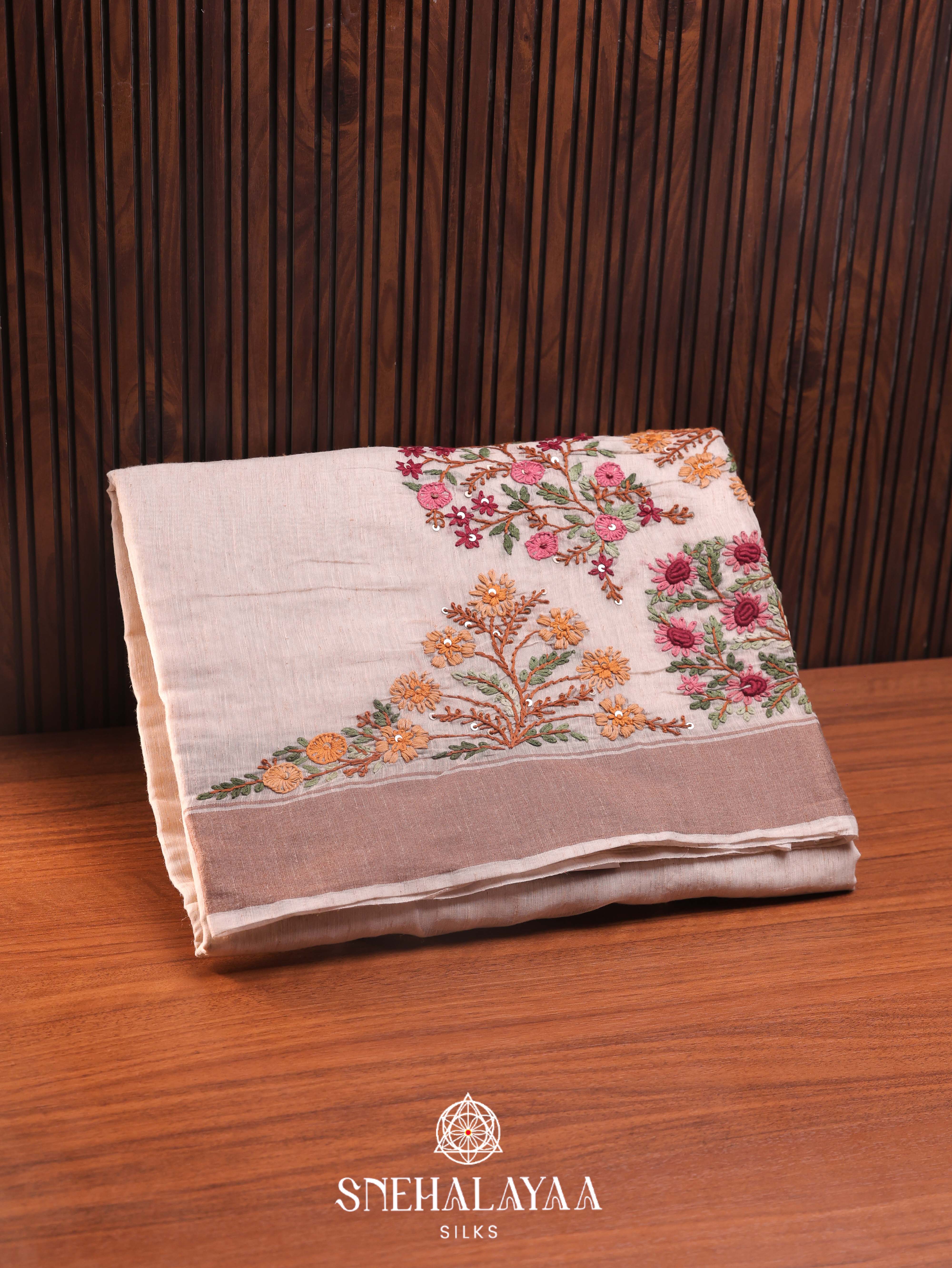 Beige  Linen Cotton Saree