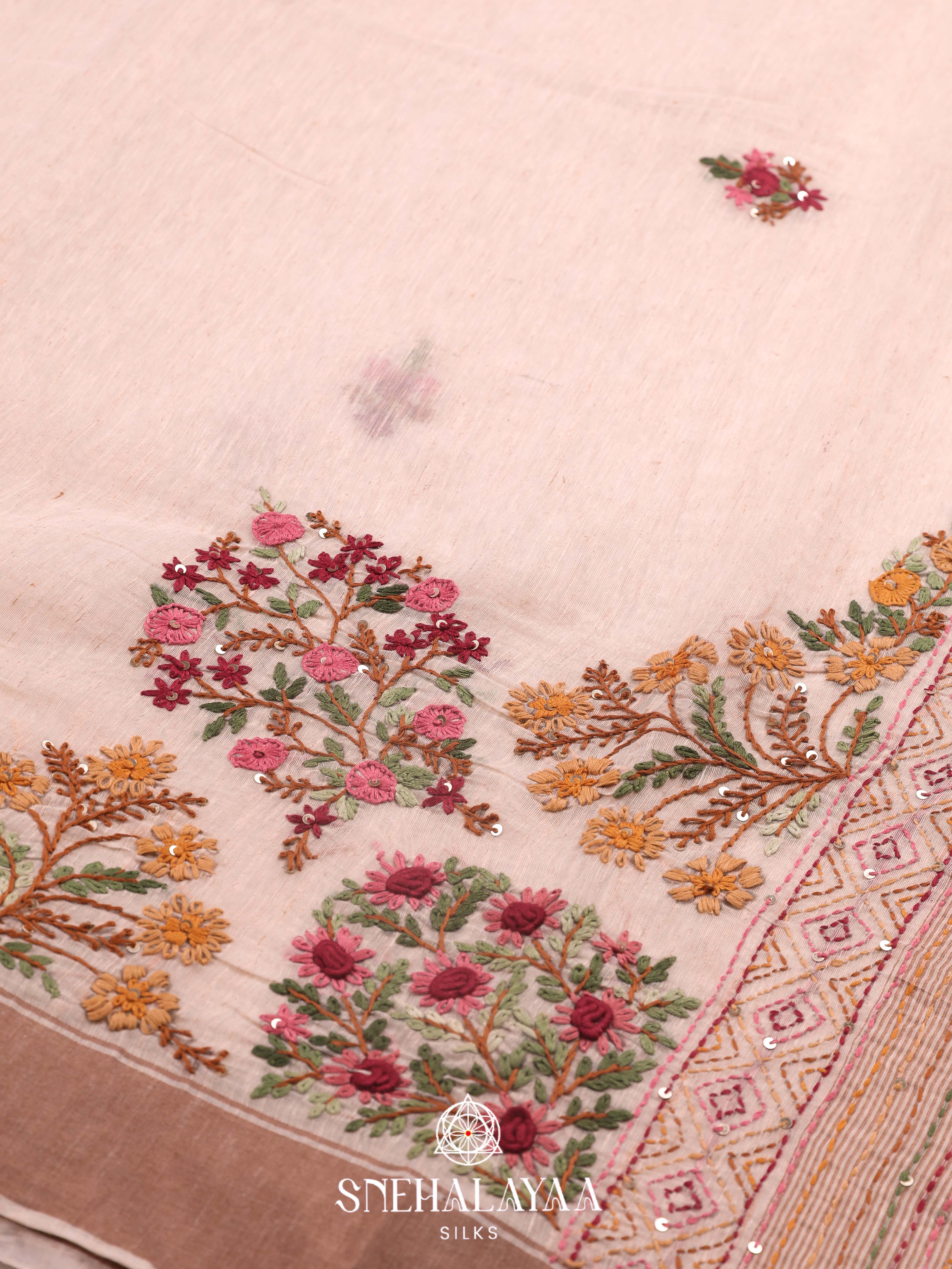 Beige  Linen Cotton Saree
