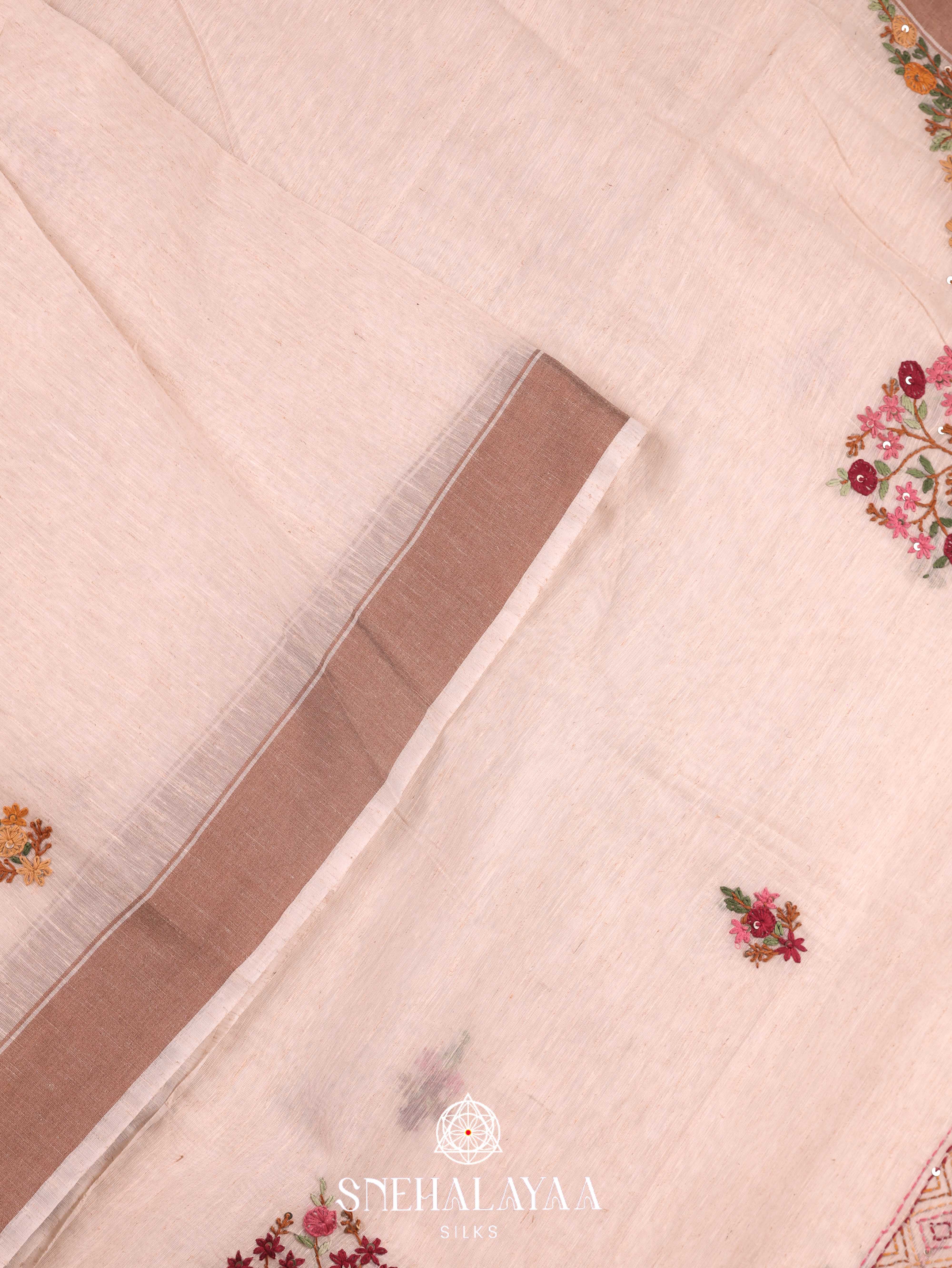 Beige  Linen Cotton Saree