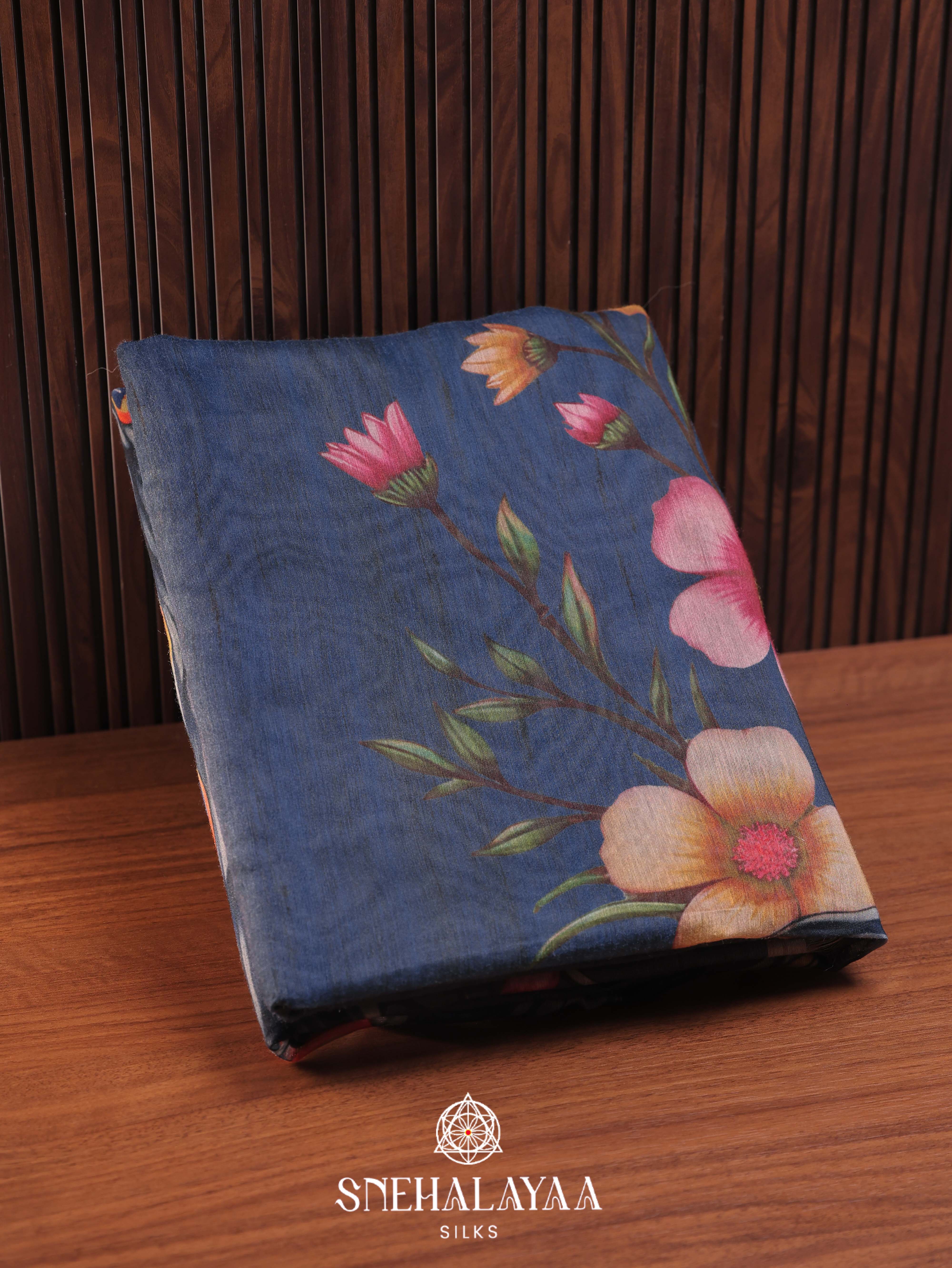 Blue Printed Linen Cotton Saree