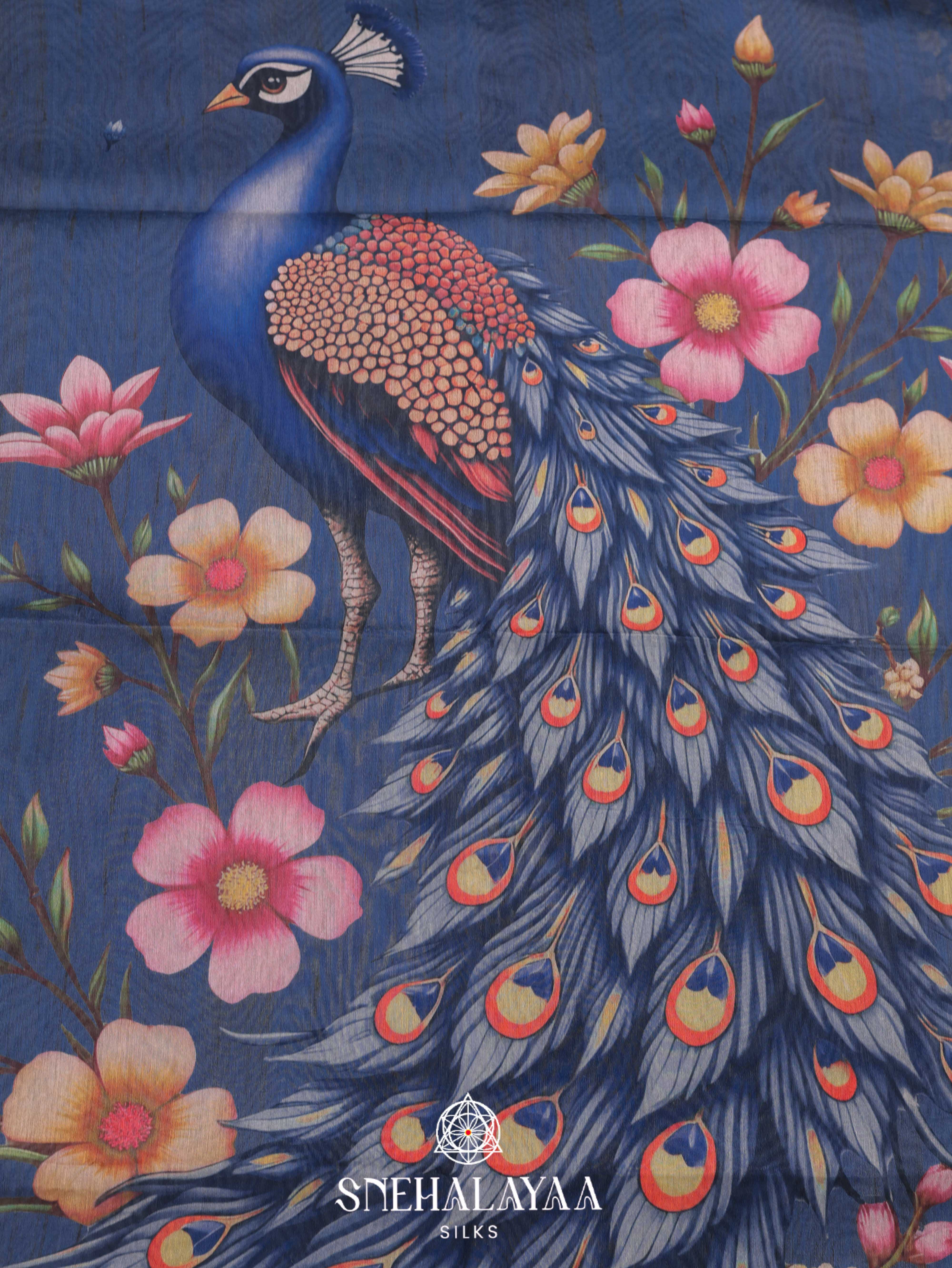 Blue Printed Linen Cotton Saree