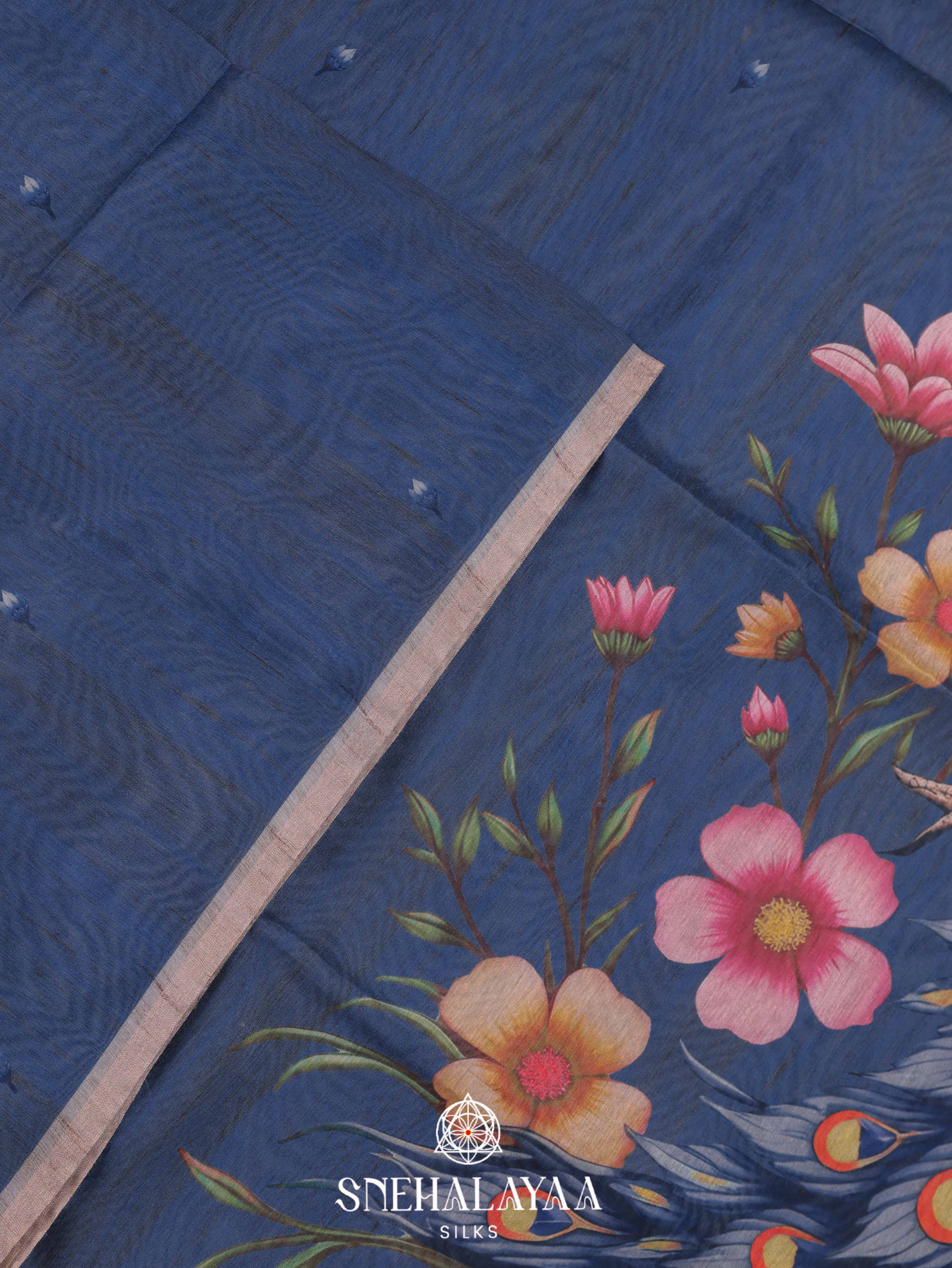 Blue Printed Linen Cotton Saree