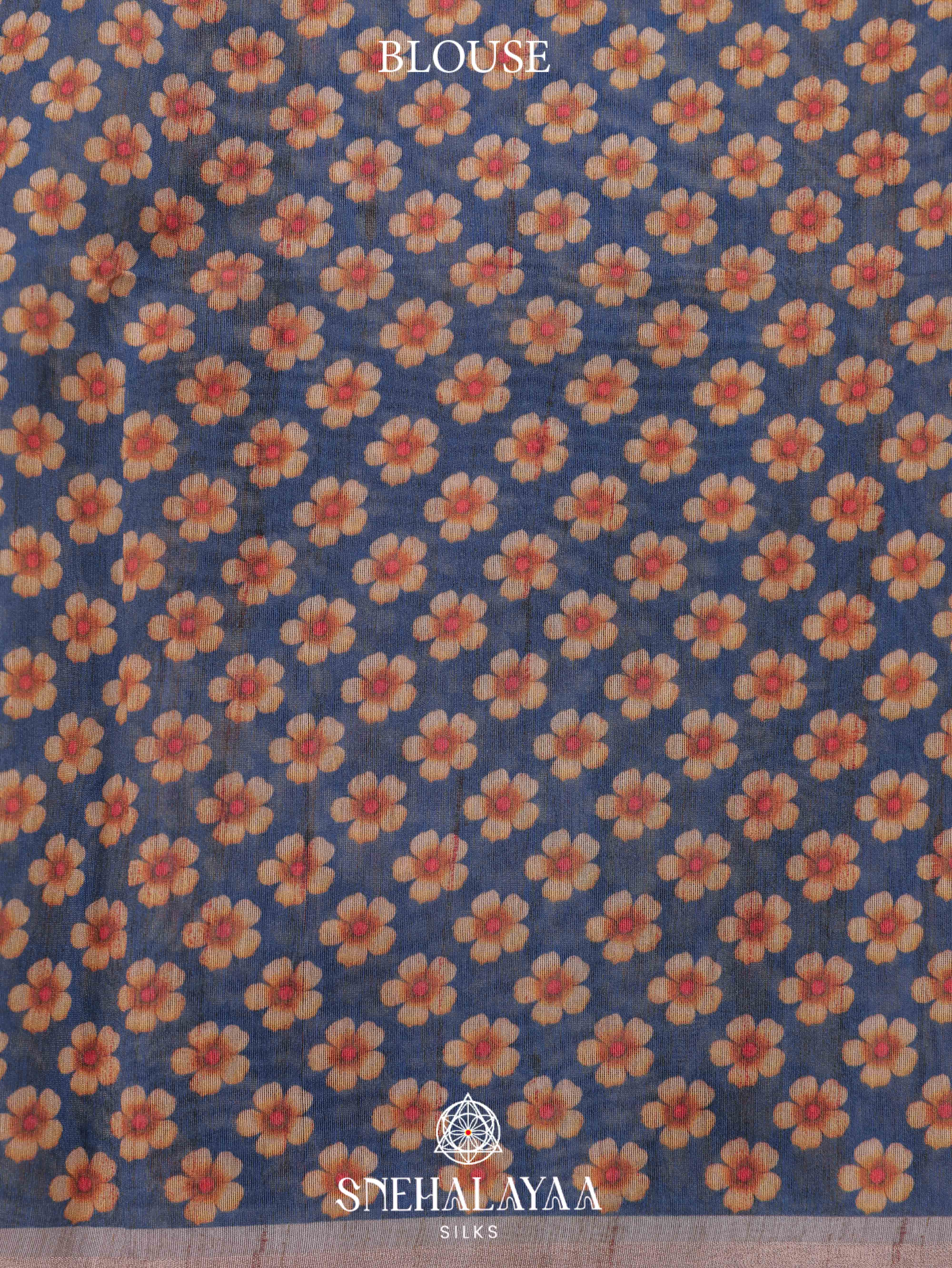 Blue Printed Linen Cotton Saree