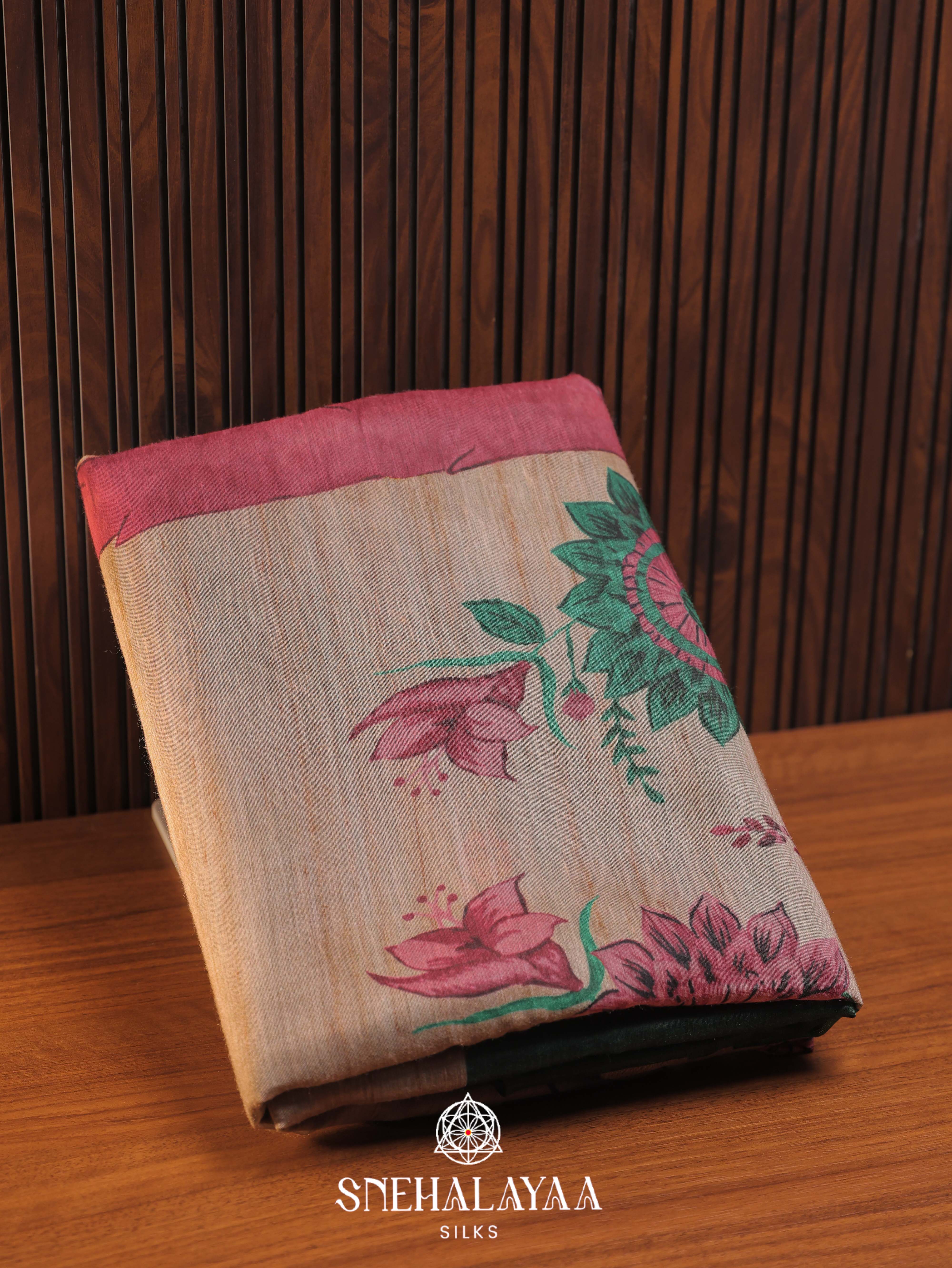 Pink Printed Linen Cotton Saree