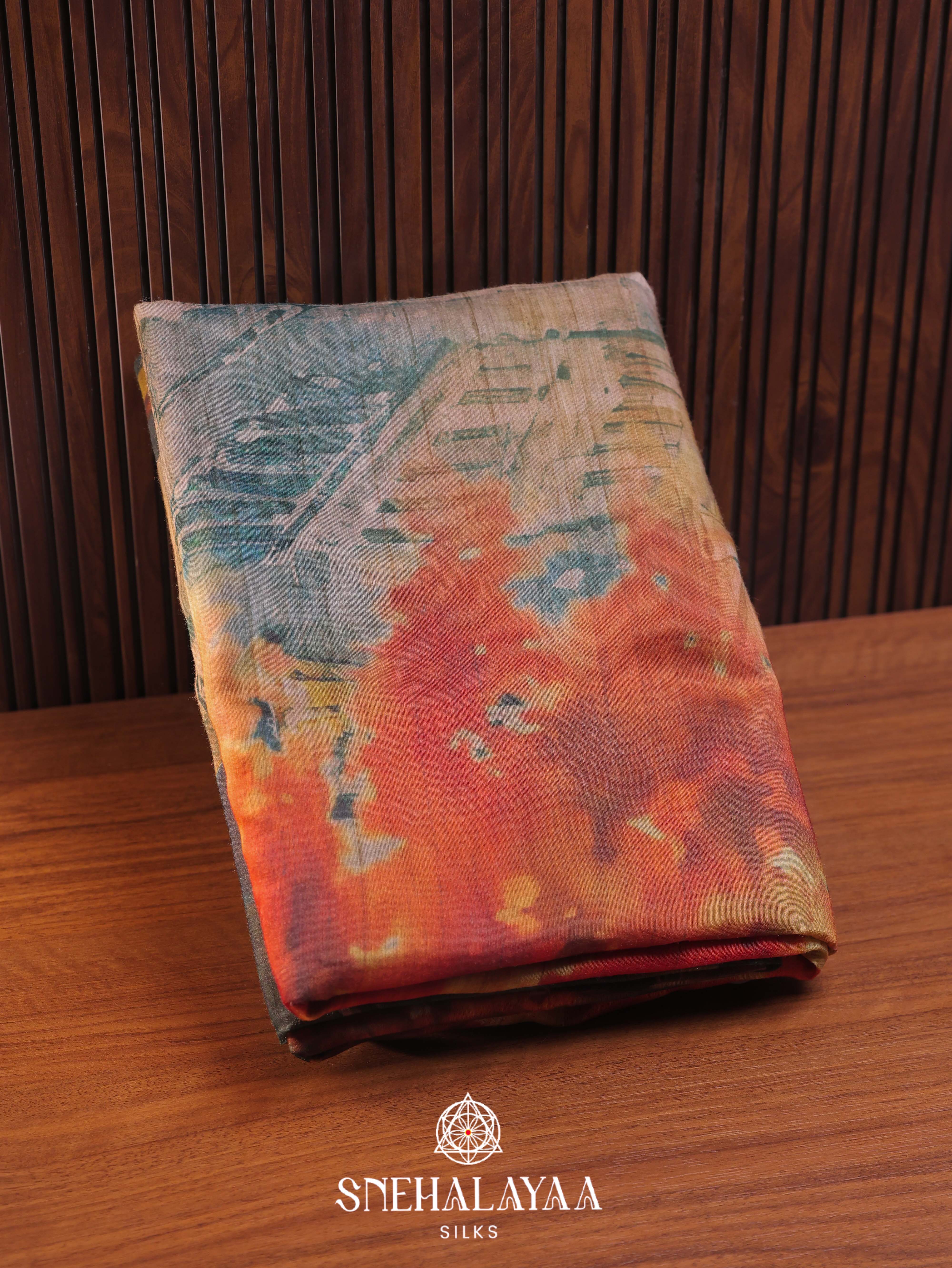 Multicolour Printed Linen Cotton Saree